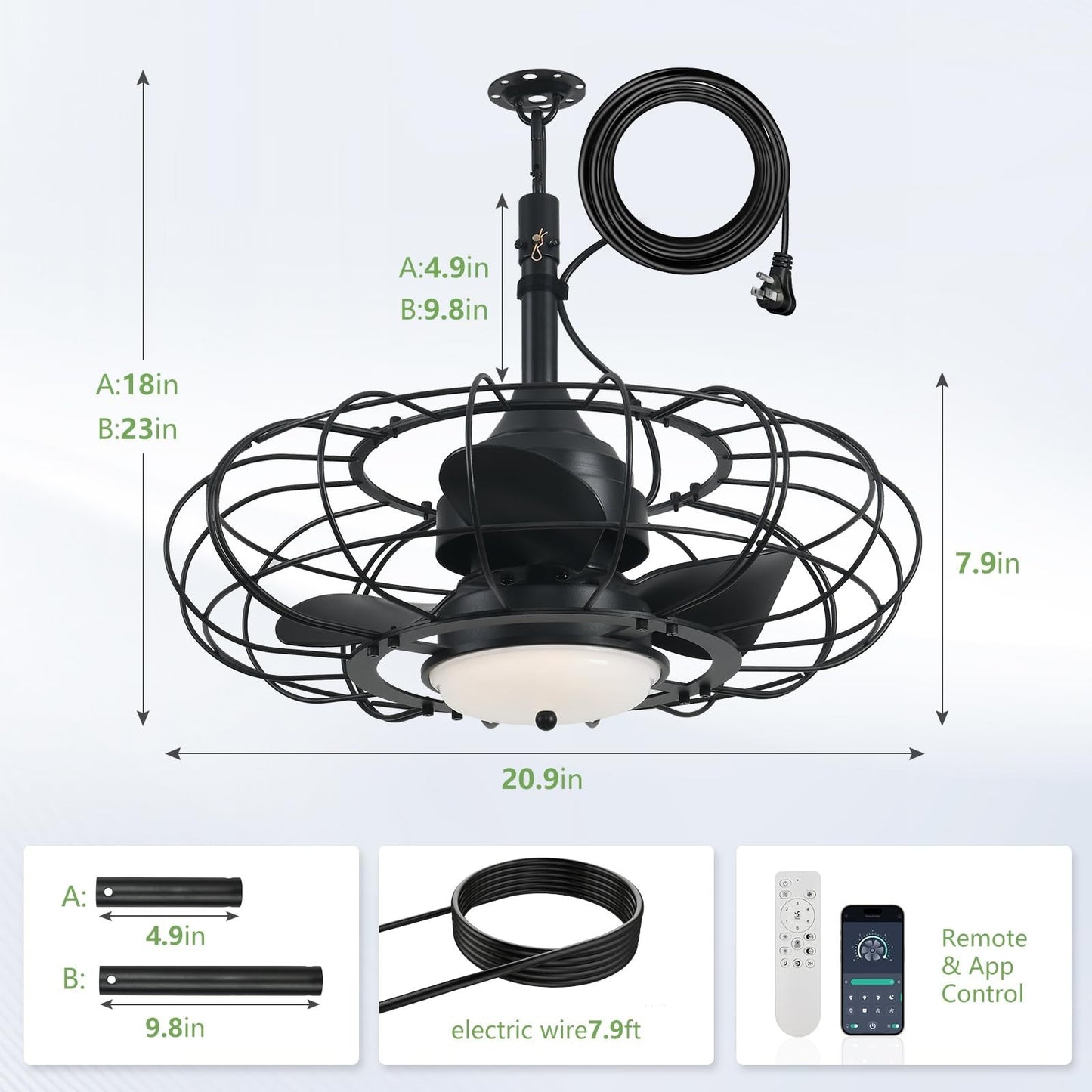 20" Black Outdoor Ceiling Fan with Light & Remote, 6 Speed Waterproof Patio Fan2