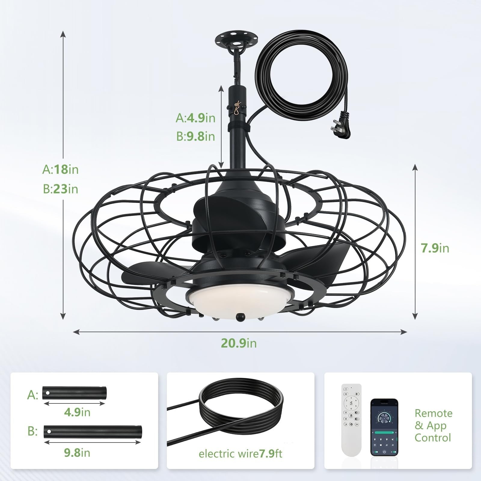 20" Black Outdoor Ceiling Fan with Light & Remote, 6 Speed Waterproof Patio Fan2