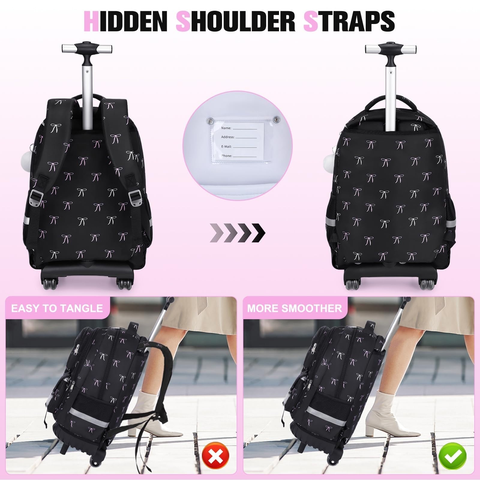 Rolling Backpack for Girls with Lunch Bag & Pencil Pouch   Wheeled Bookbag for S4