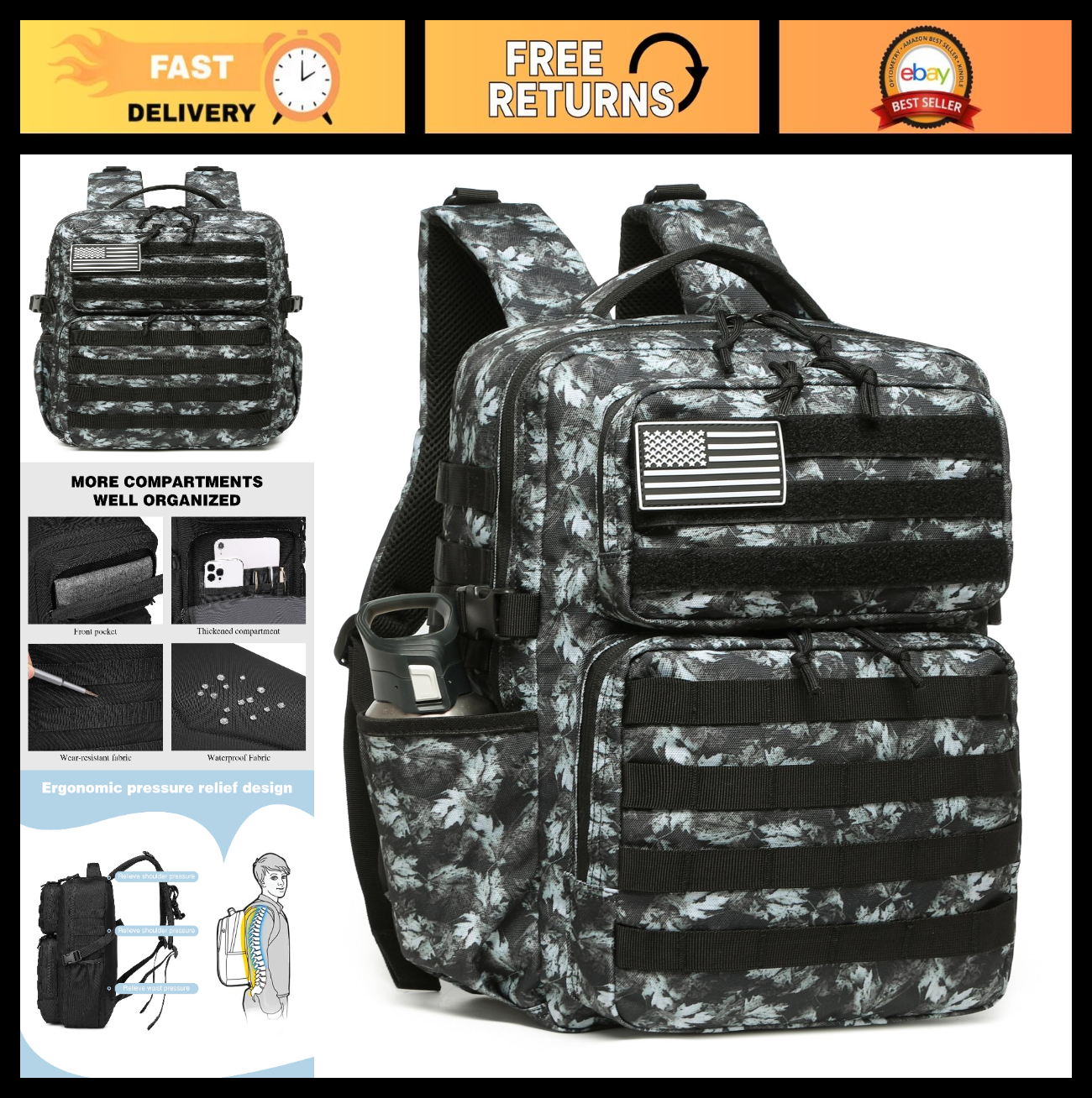 Waterproof Military Tactical Backpack   3 Day Assault Pack, Molle Daypack with W0