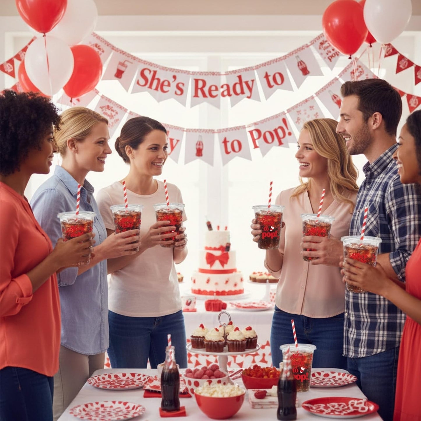 50 Set Disposable Cups with Lids & Straws - 12 oz Red Plastic for Parties, Baby6