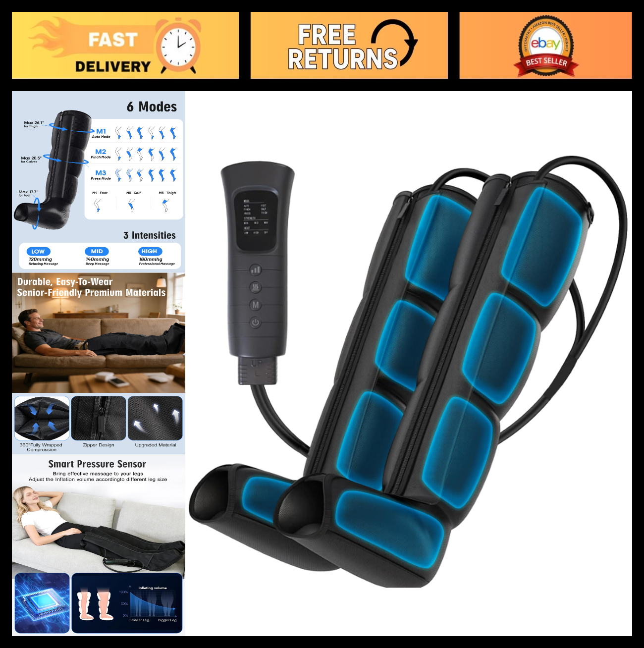 Air Compression Leg Massager - 6 Modes & Intensity Levels, Full-Leg Wrap for Rel0