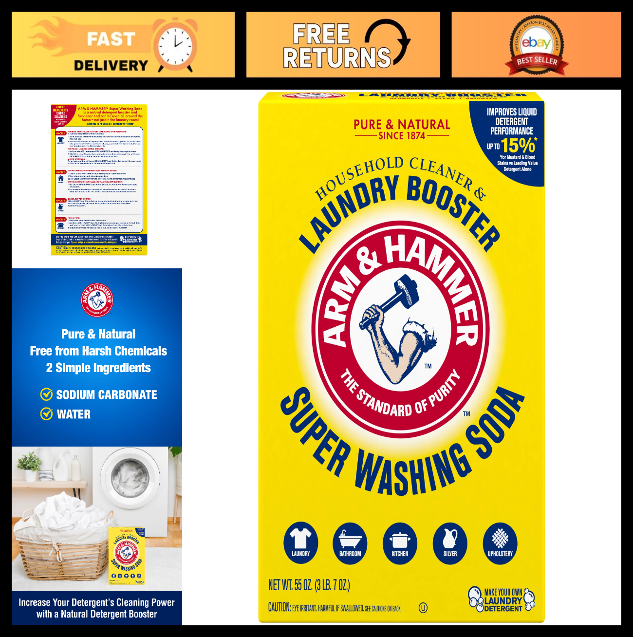 Super Washing Soda for Laundry, Stain Remover, Odor Eliminator, 3 lb Box0