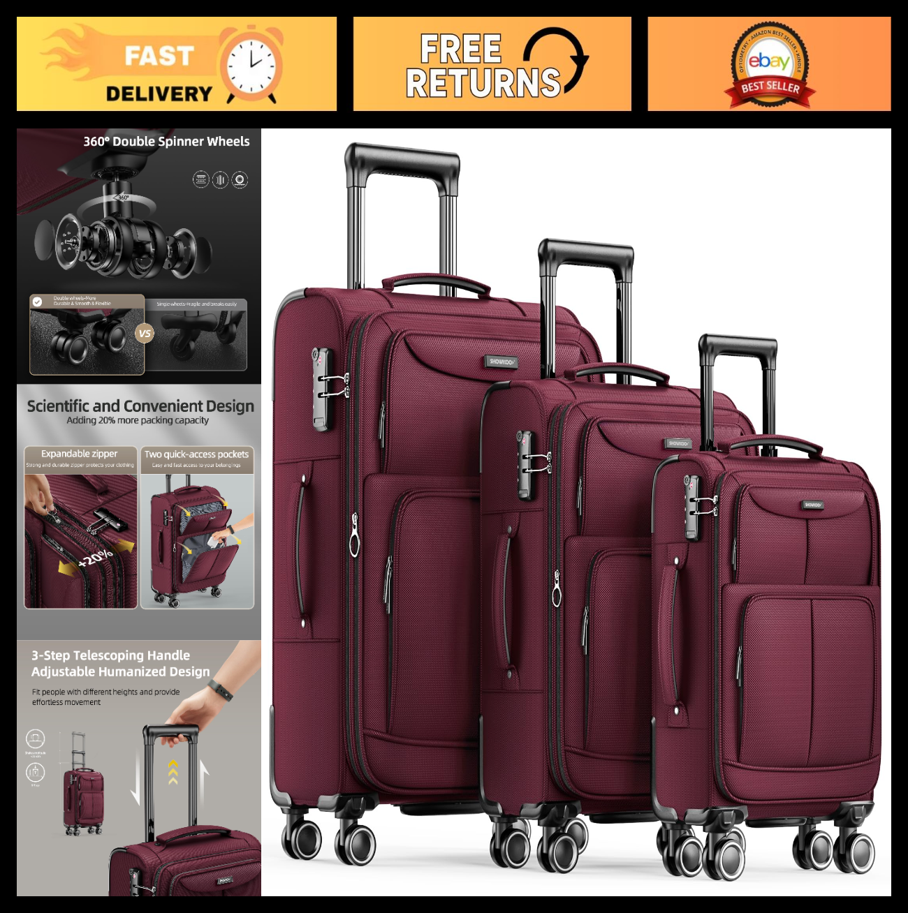 3 Piece Softside Luggage Set - Expandable, Lightweight, 360° Spinner Wheels, TSA0