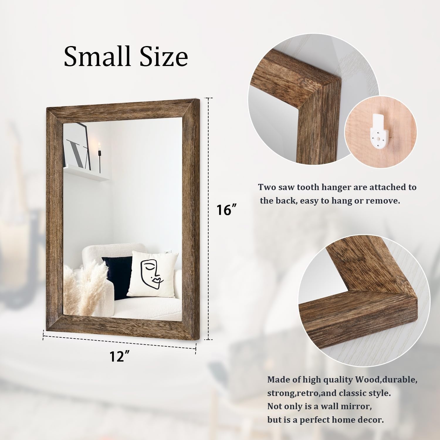 Rustic Rectangle Wood Wall Mirror - Decorative Frame for Bedroom, Living Room, B2