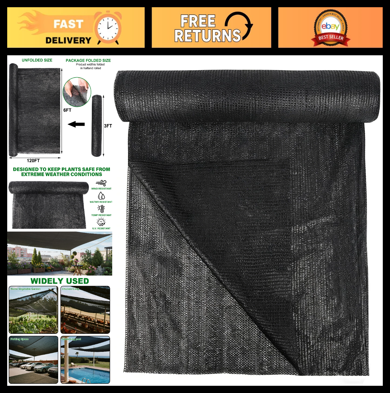 120x6 FT Outdoor Shade Cloth - 70% Black Mesh Tarp, UV Resistant Garden Cover fo0