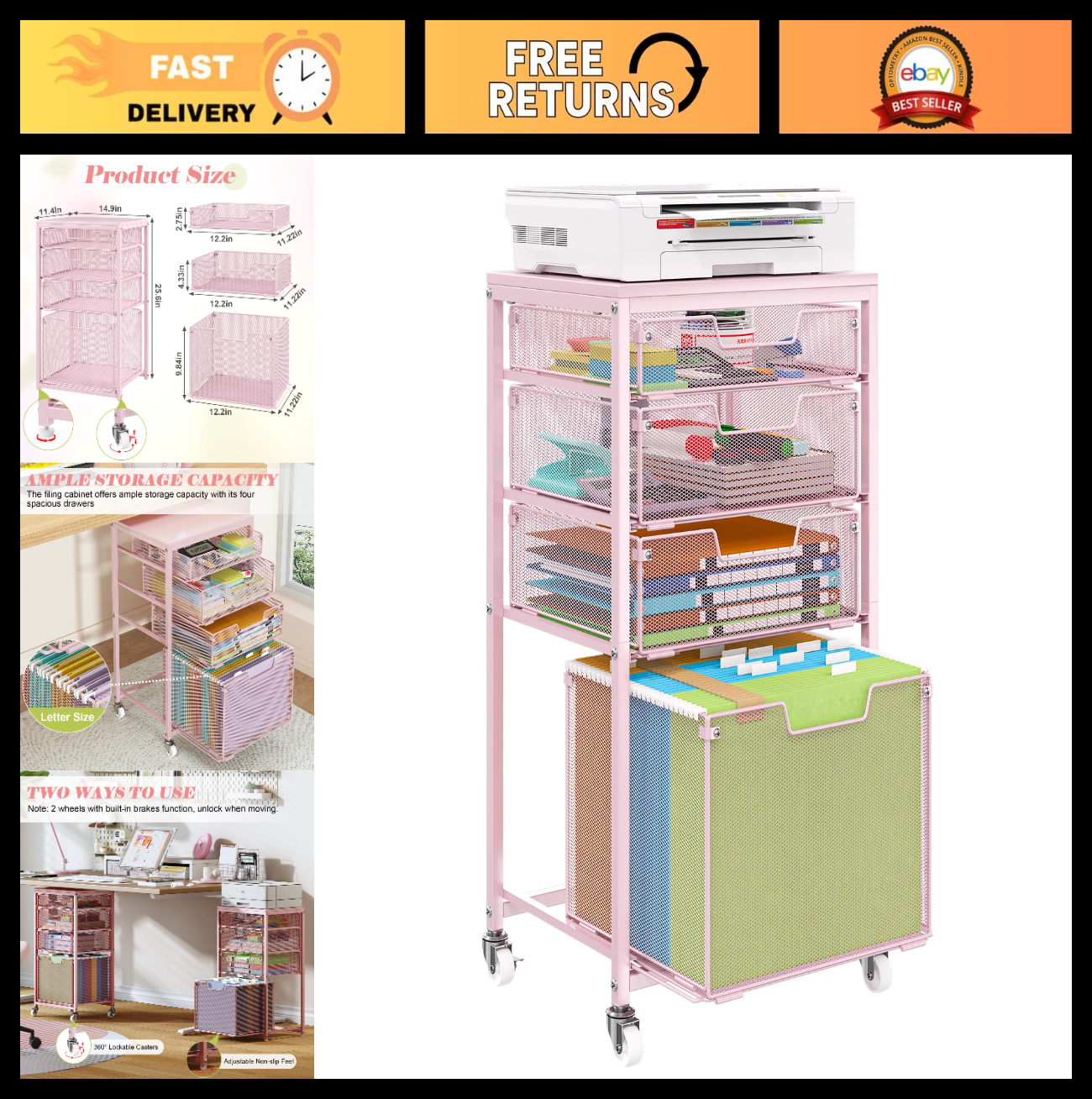 4 Drawer Rolling File Cart   Mobile Under Desk Storage, Filing Cabinet on Wheels0