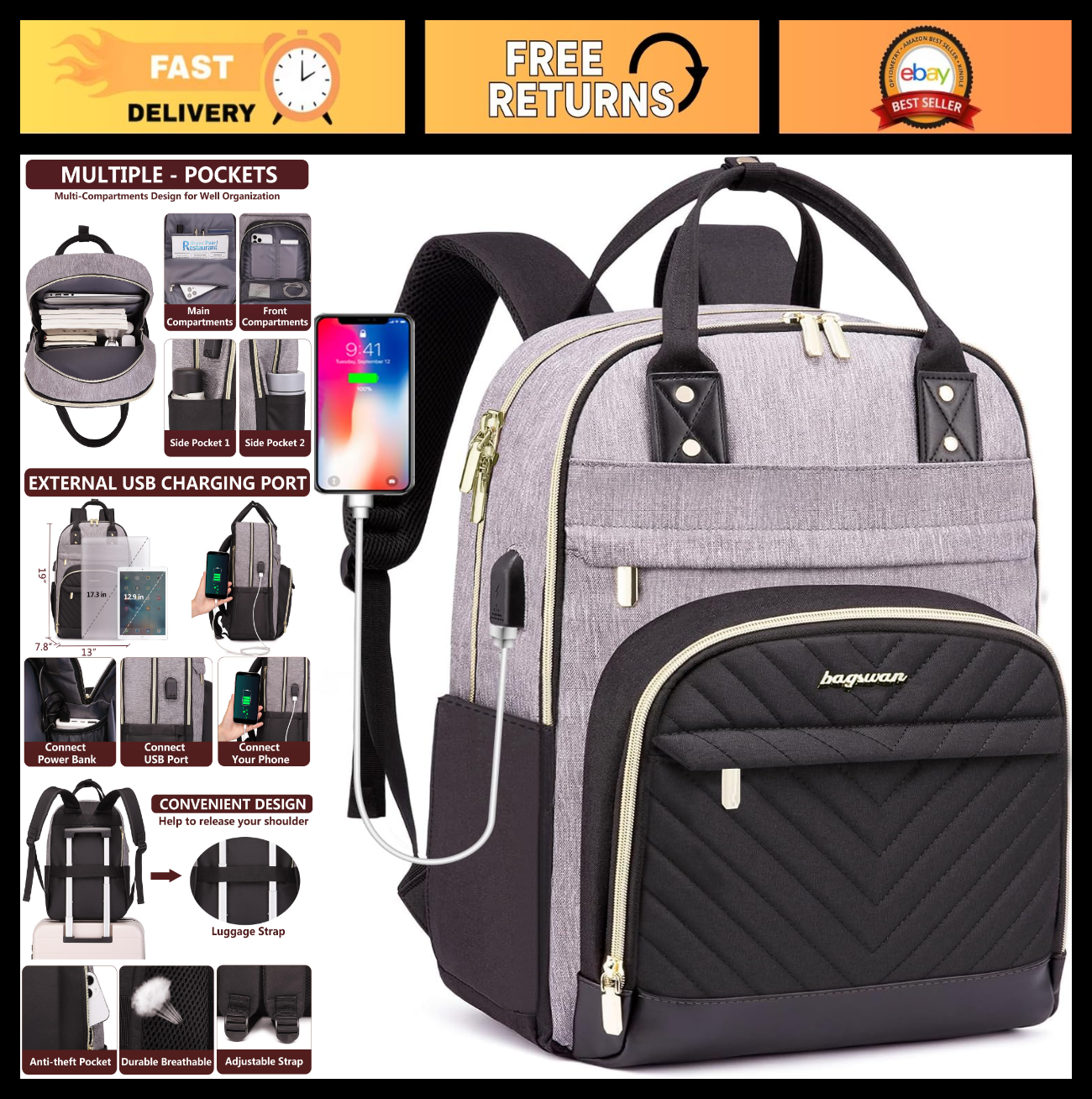Stylish Laptop Backpack for Women   17.3" USB Charging College Work Bag, Travel0