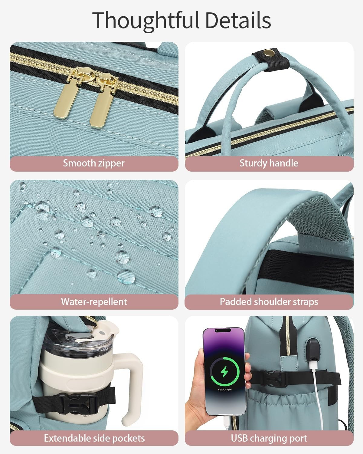Stylish Laptop Backpack for Women, College Bookbag with USB Charger & Cup Holder5