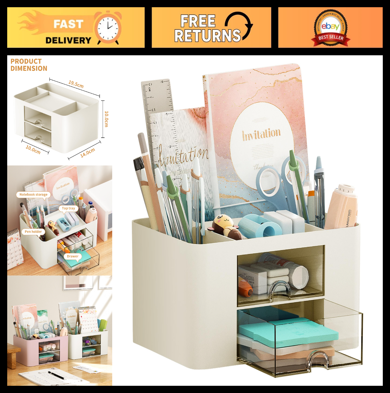 Multi Functional Desk Organizer with 2 Drawers, 5 Compartments for Office Suppli0