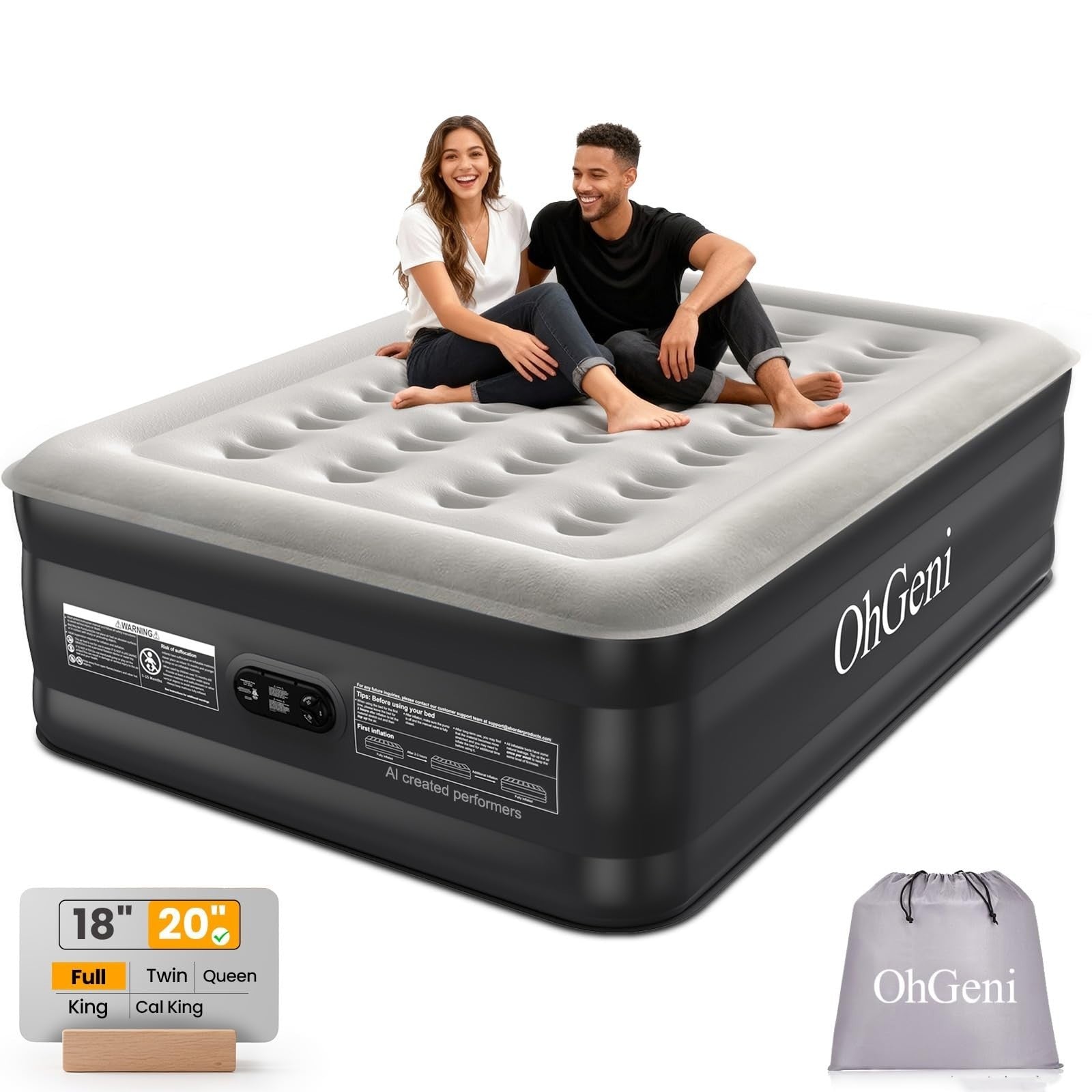 20" Raised Air Mattress with Built in Pump, Waterproof, Flocked Top, 600lb Capac1
