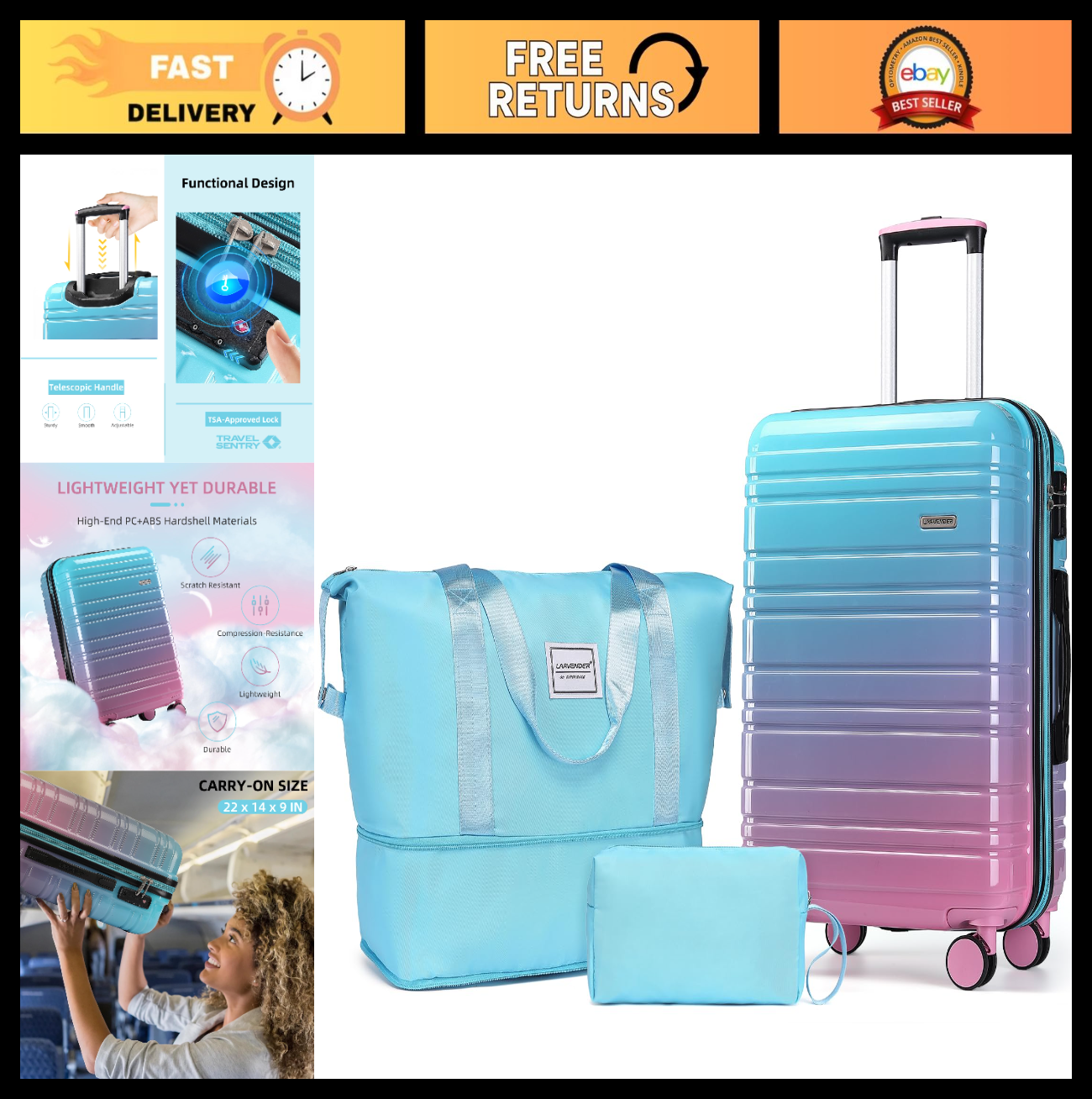 3-Piece Carry-On Luggage Set, 20" Hardshell Suitcase & Duffel Bag, TSA Approved,0