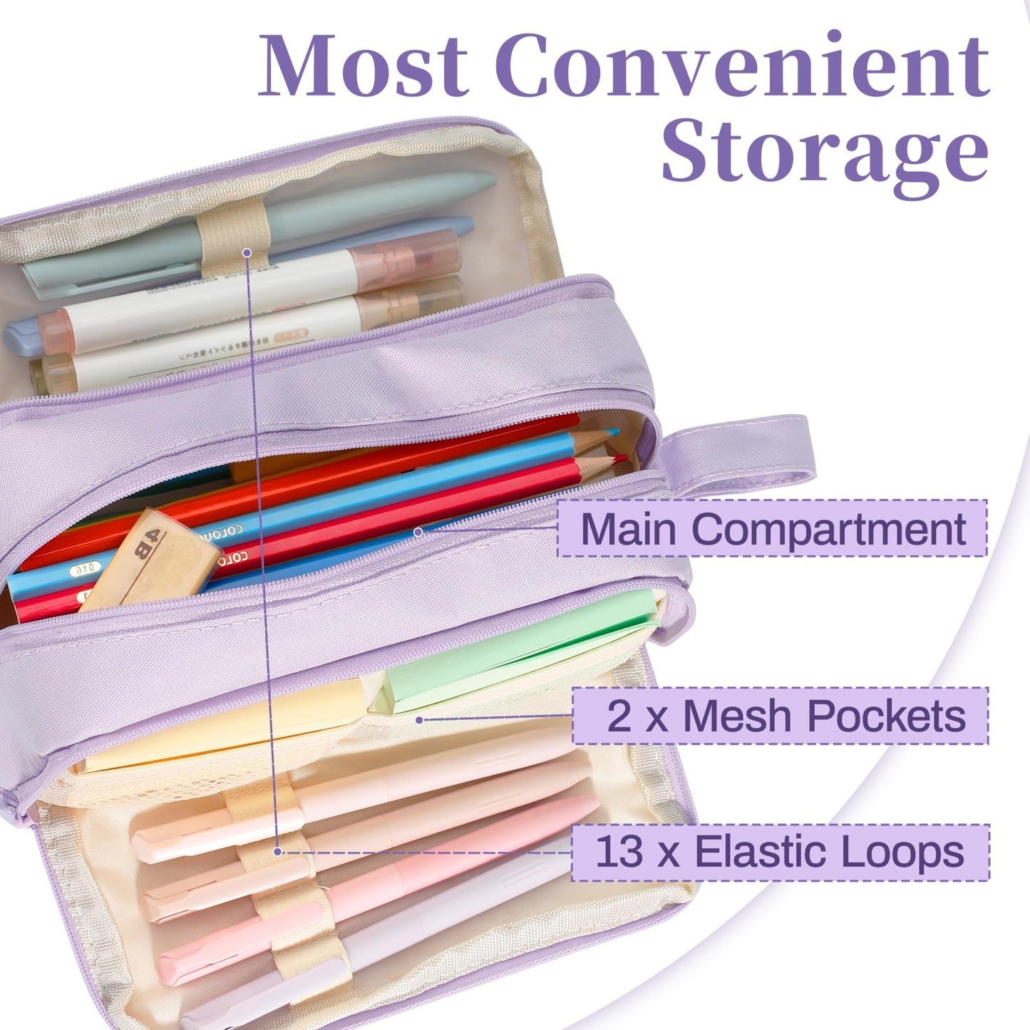 Large Capacity Pink Pencil Case with 4 Compartments, Zippered Pouch & Handle for4