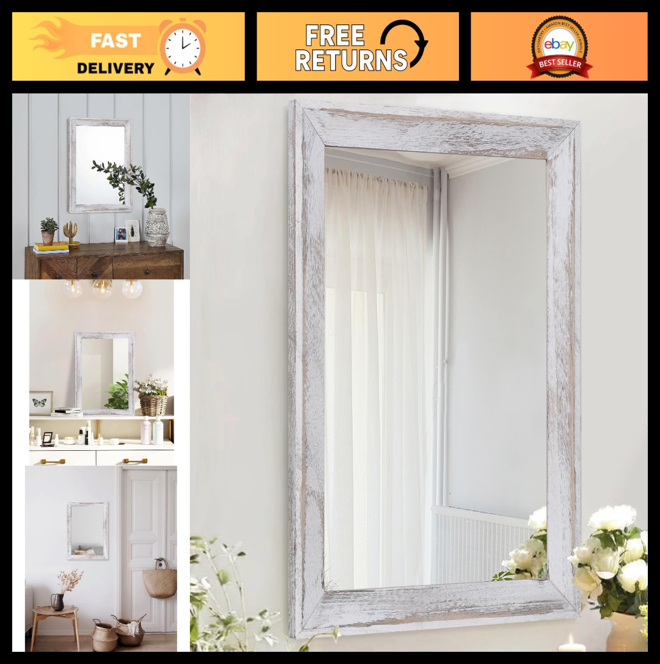 Rustic Wood Framed Wall Mirror - Decorative Hanging Mirror for Farmhouse, Bedroo0