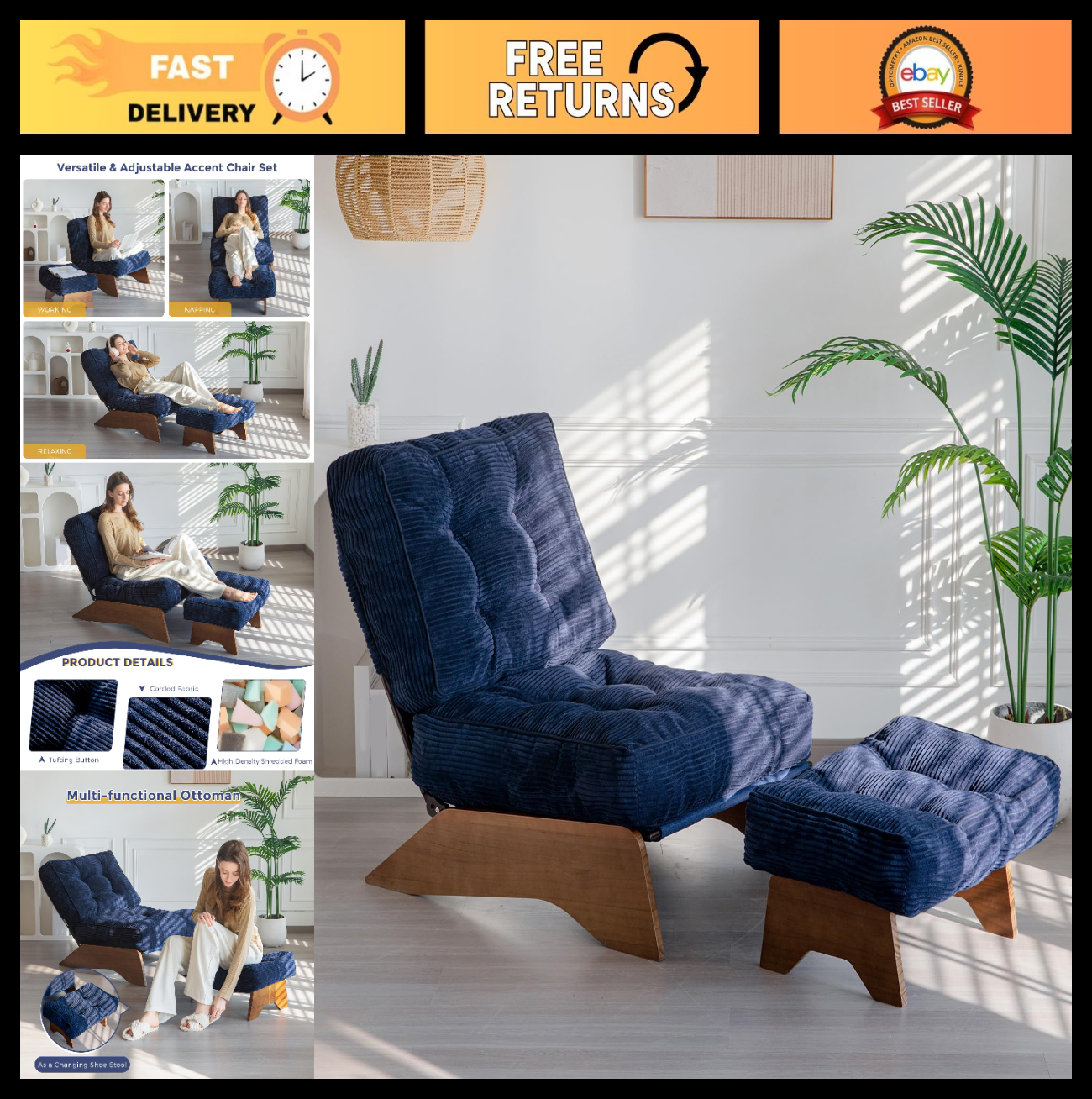 Cozy Adjustable Accent Chair with Ottoman, Tufted Upholstered Lounge Chair for L0