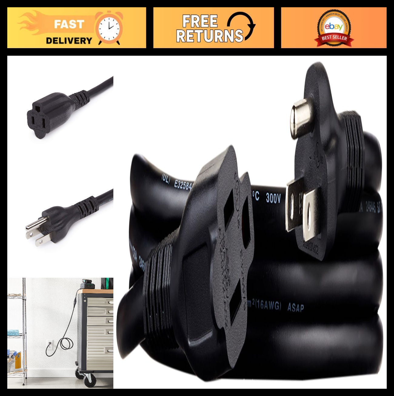 3 Prong Extension Cord 6ft, Indoor Power Outlet Extender, 13 Amps, 125V, Black0