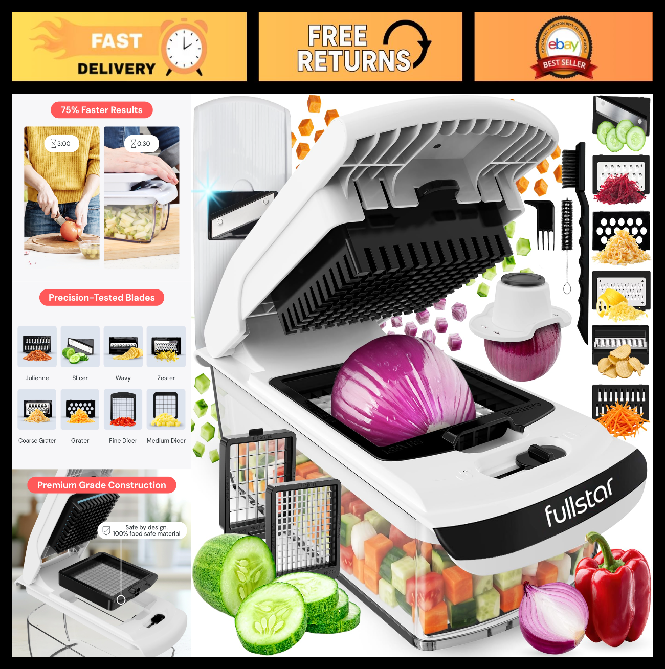 8 in 1 Vegetable Chopper & Mandoline Slicer   Sharp Stainless Steel Blades, Mult0
