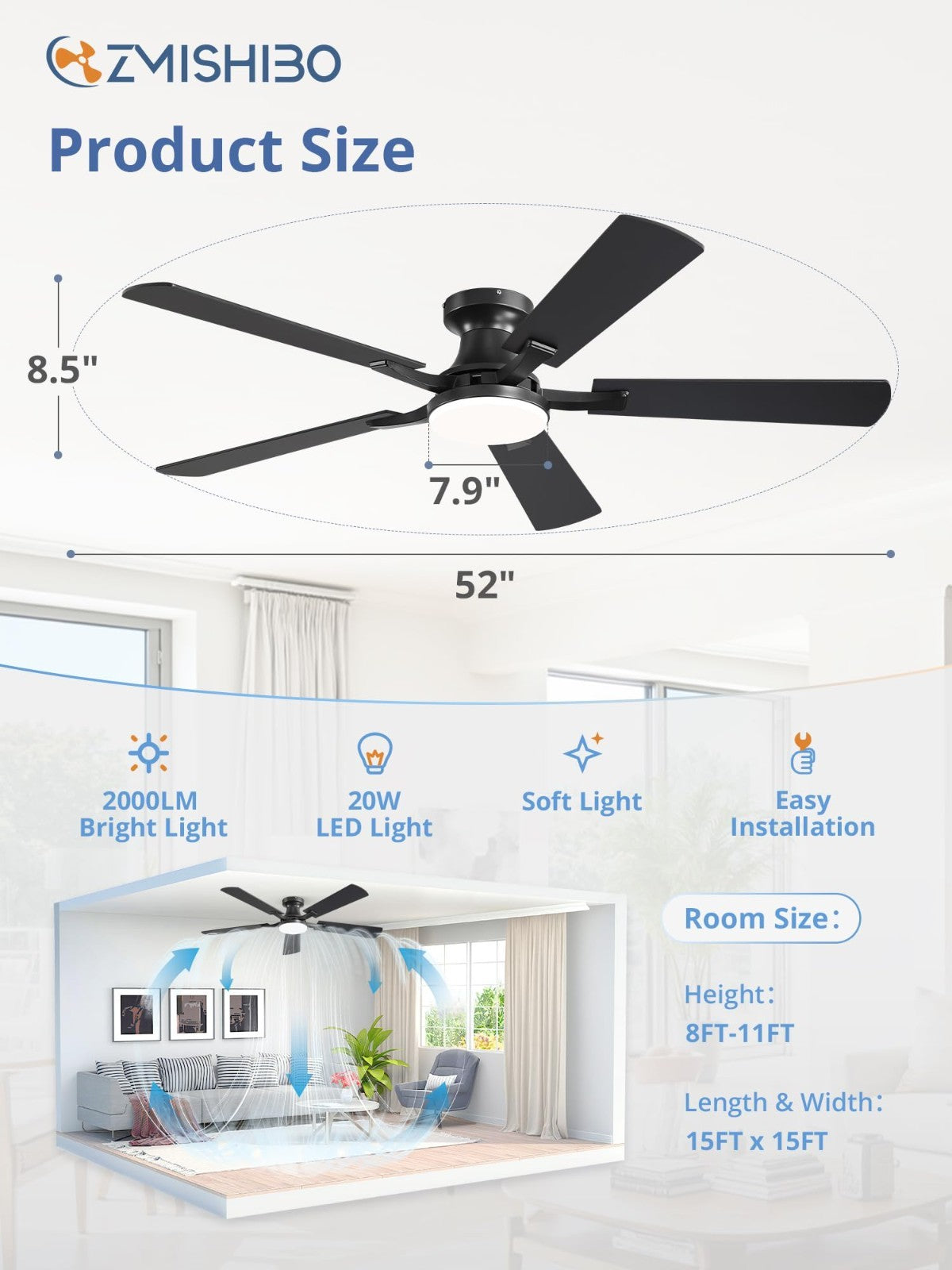 52" Ceiling Fan with Lights, Remote & App Control, Dimmable LED, Quiet Motor, Fl7