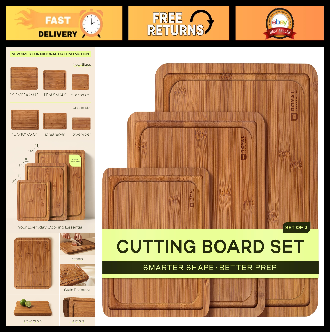 Wooden Cutting Boards Set   Bamboo Kitchen Prep & Serving Board with Juice Groov0