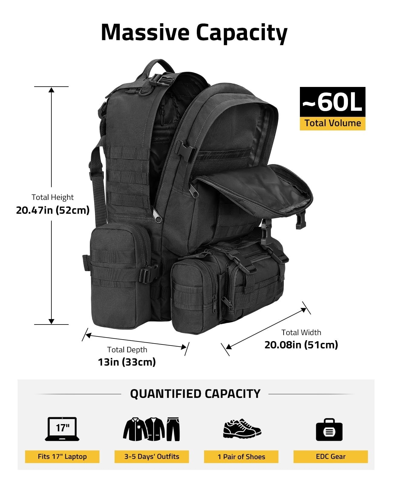 Large 60L Tactical Military Backpack   Assault Rucksack with Detachable Molle Sy3