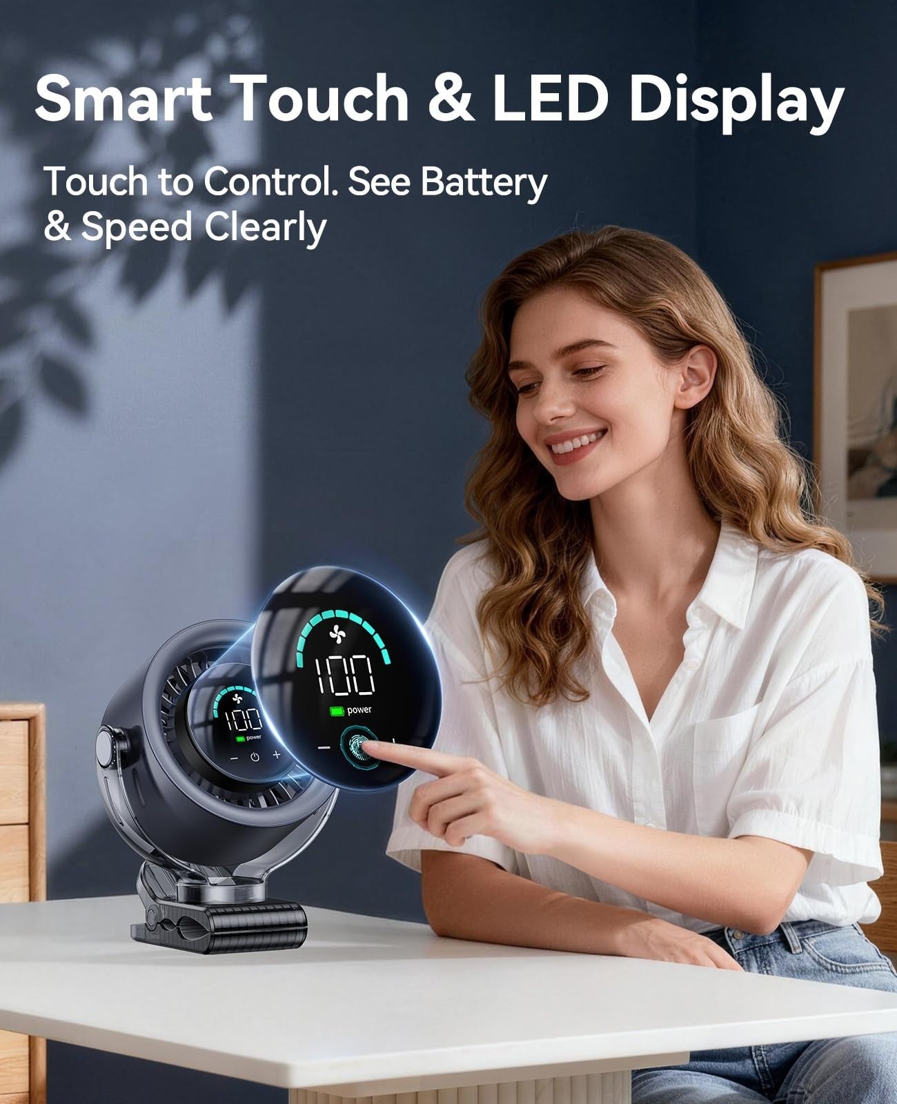 4000mAh Portable Clip On Fan, 100 Speed Touch Control, LED Display, 360° Rotate,4