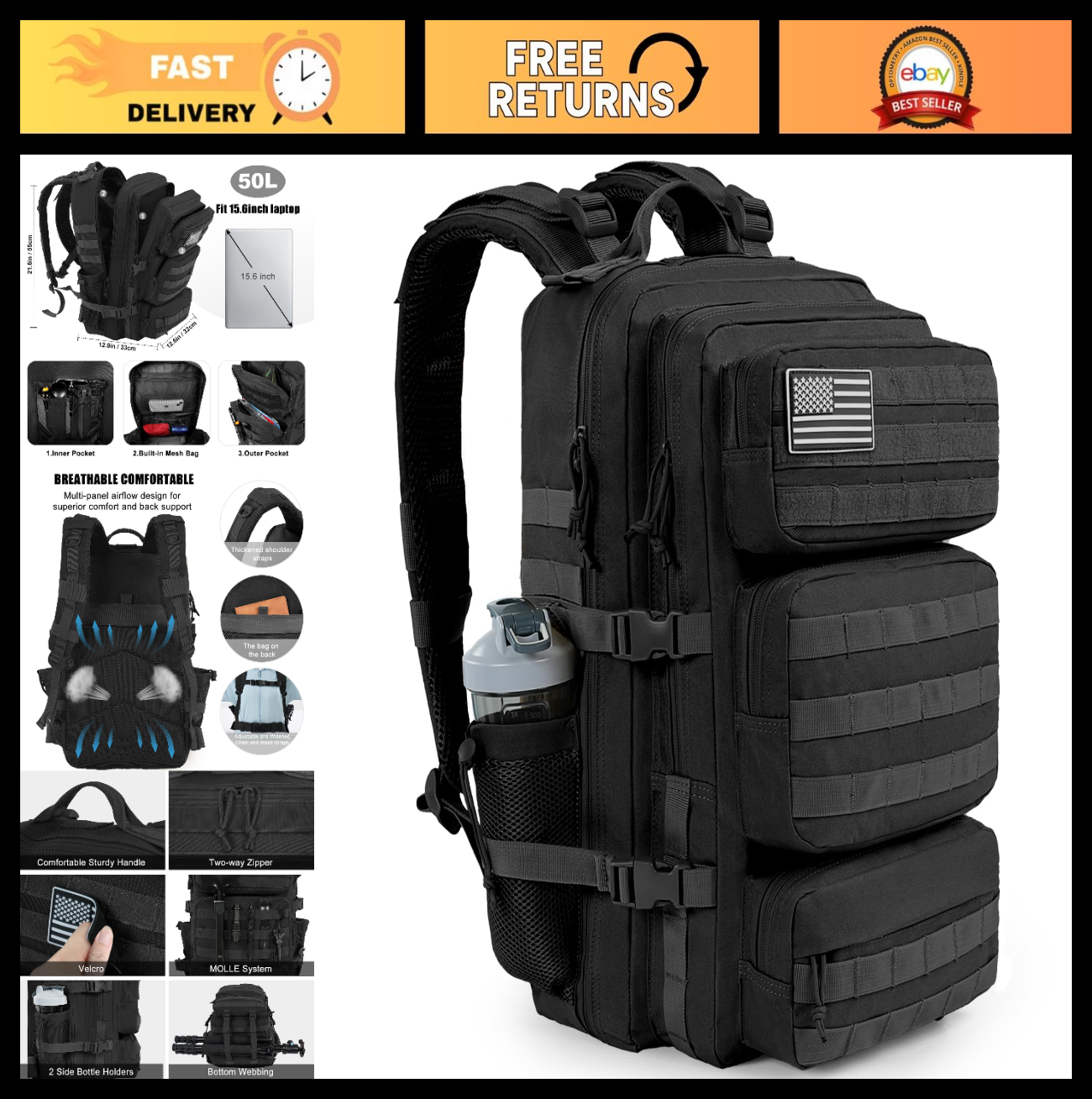 Large 50L Military Tactical Backpack, Molle Assault Pack, Water Resistant Rucksa0