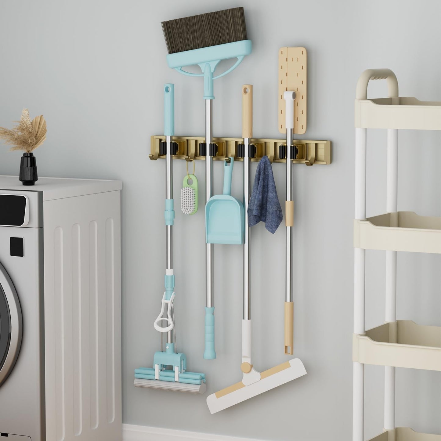 Wall Mount Broom Holder & Mop Hanger Organizer - 4 Racks & 5 Hooks Storage Solut2