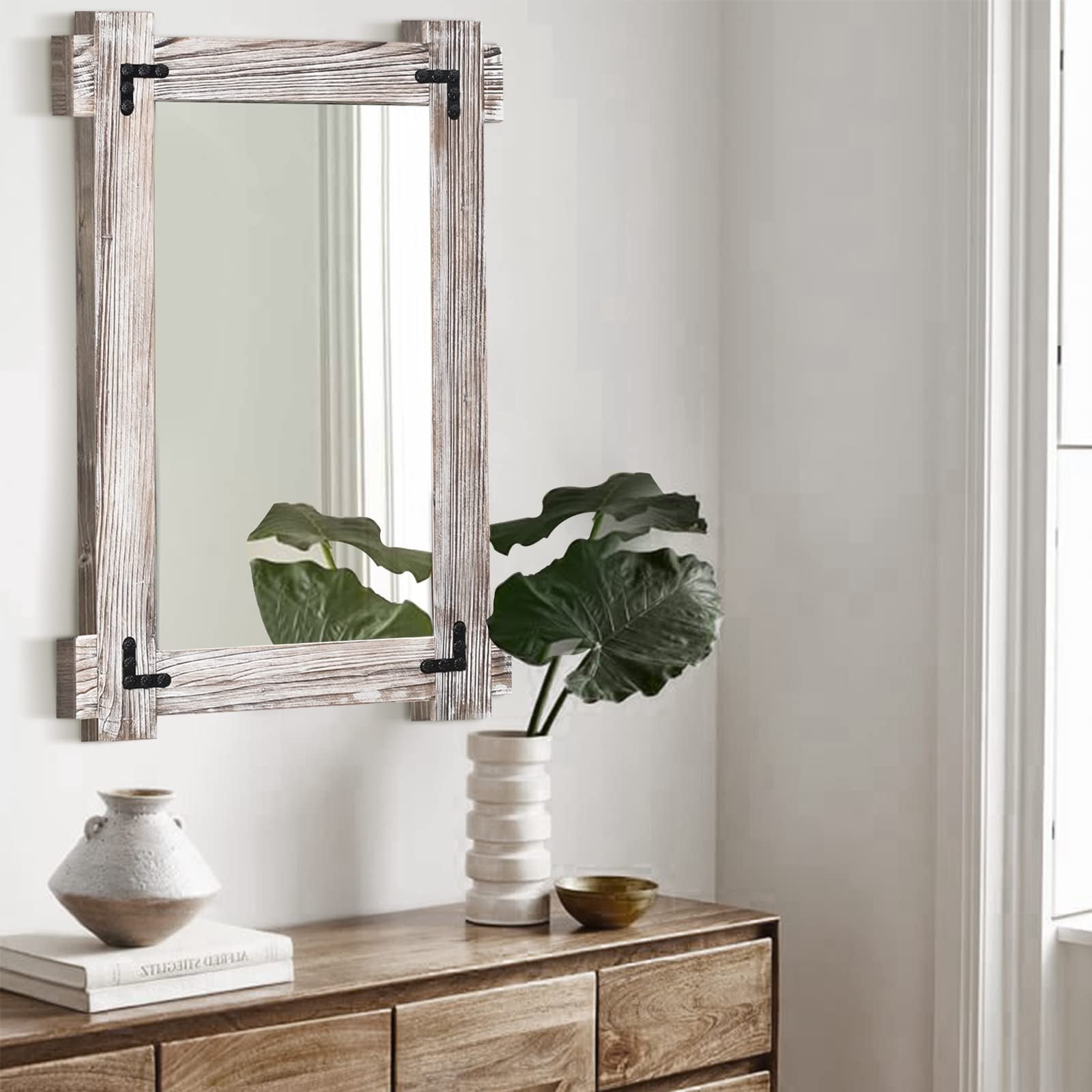 30x20 Inch White Farmhouse Wall Mirror - Distressed Wood Framed Vanity Decor7