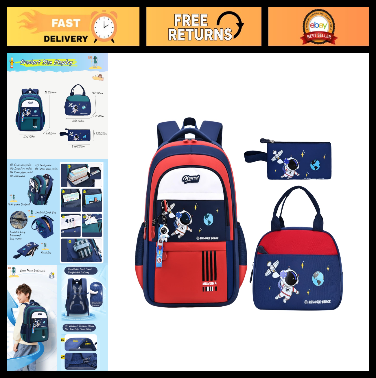 3pcs Kids Backpack Set with Lunch Box   Lightweight Astronaut School Bags for Bo0