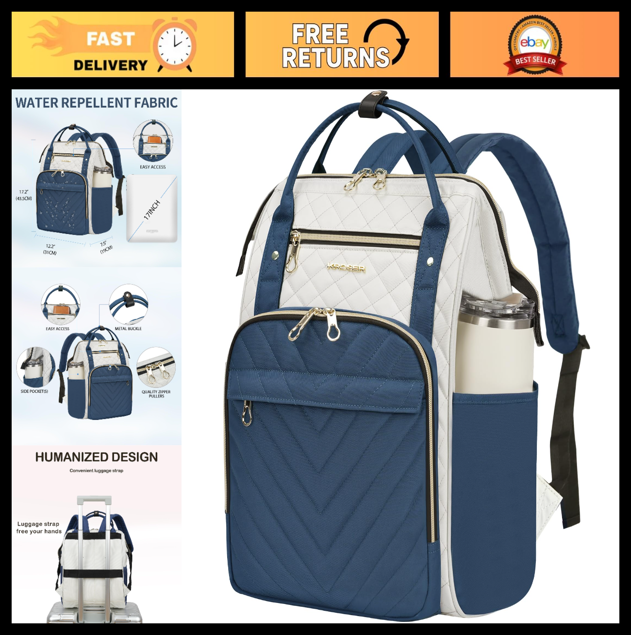 Stylish 17" Water-Repellent Laptop Backpack for College, Travel & Work - Beige/B0