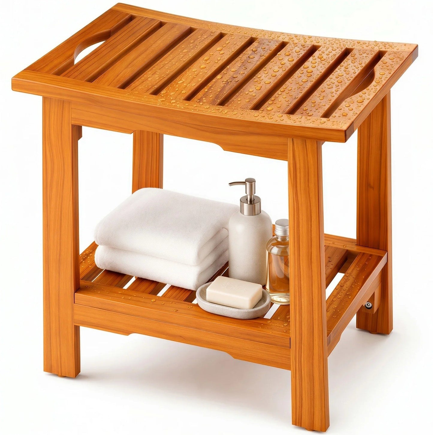 Wooden Shower Stool 18IN/14IN Waterproof Bench with Storage Shelf & Handles, 3001