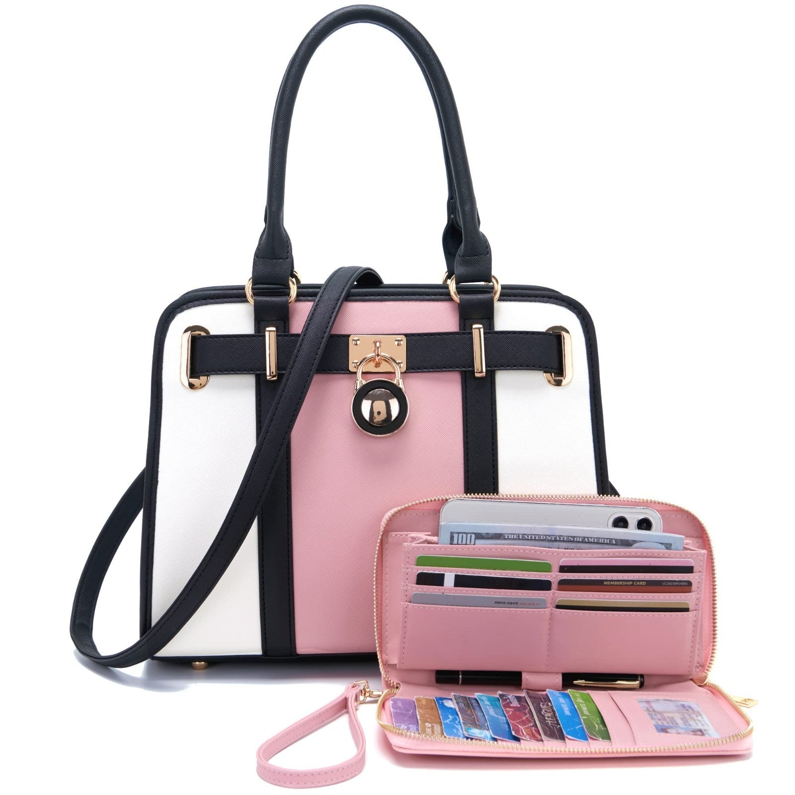 Stylish Women's Structured Satchel Tote Handbag Set with RFID Wallet - Fashionab8