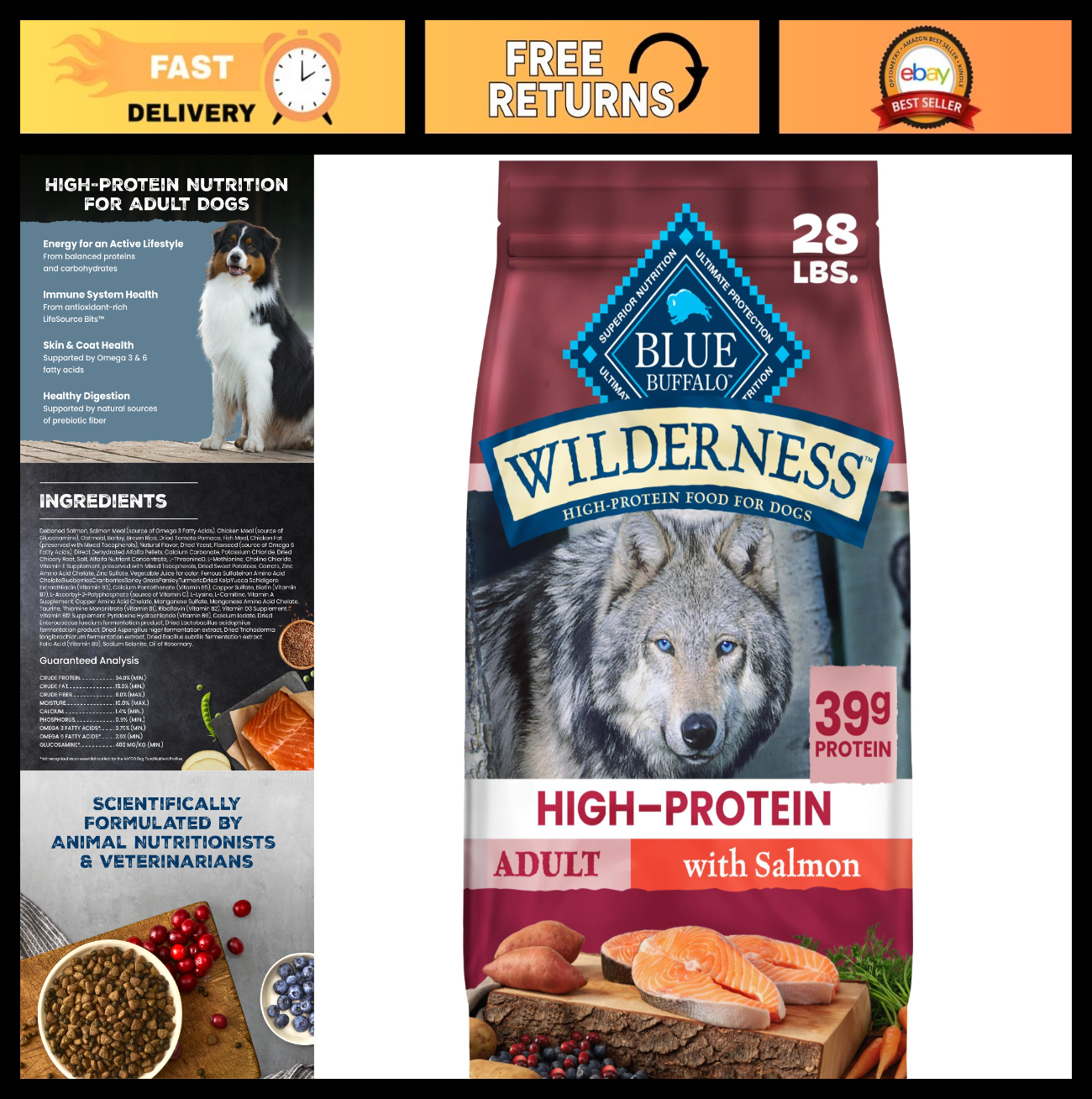 Grain Free Salmon & Wholesome Grains Adult Dry Dog Food, 28 lb   High Protein, H0