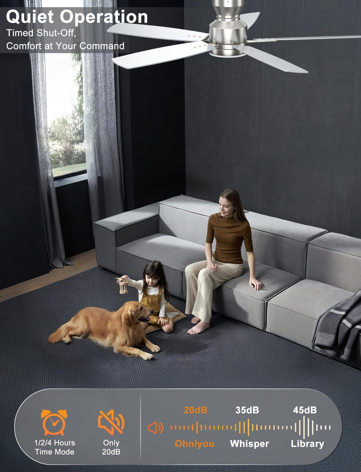 52" Silver Low Profile Ceiling Fan with Lights, Remote/APP Control, Dimmable LED4