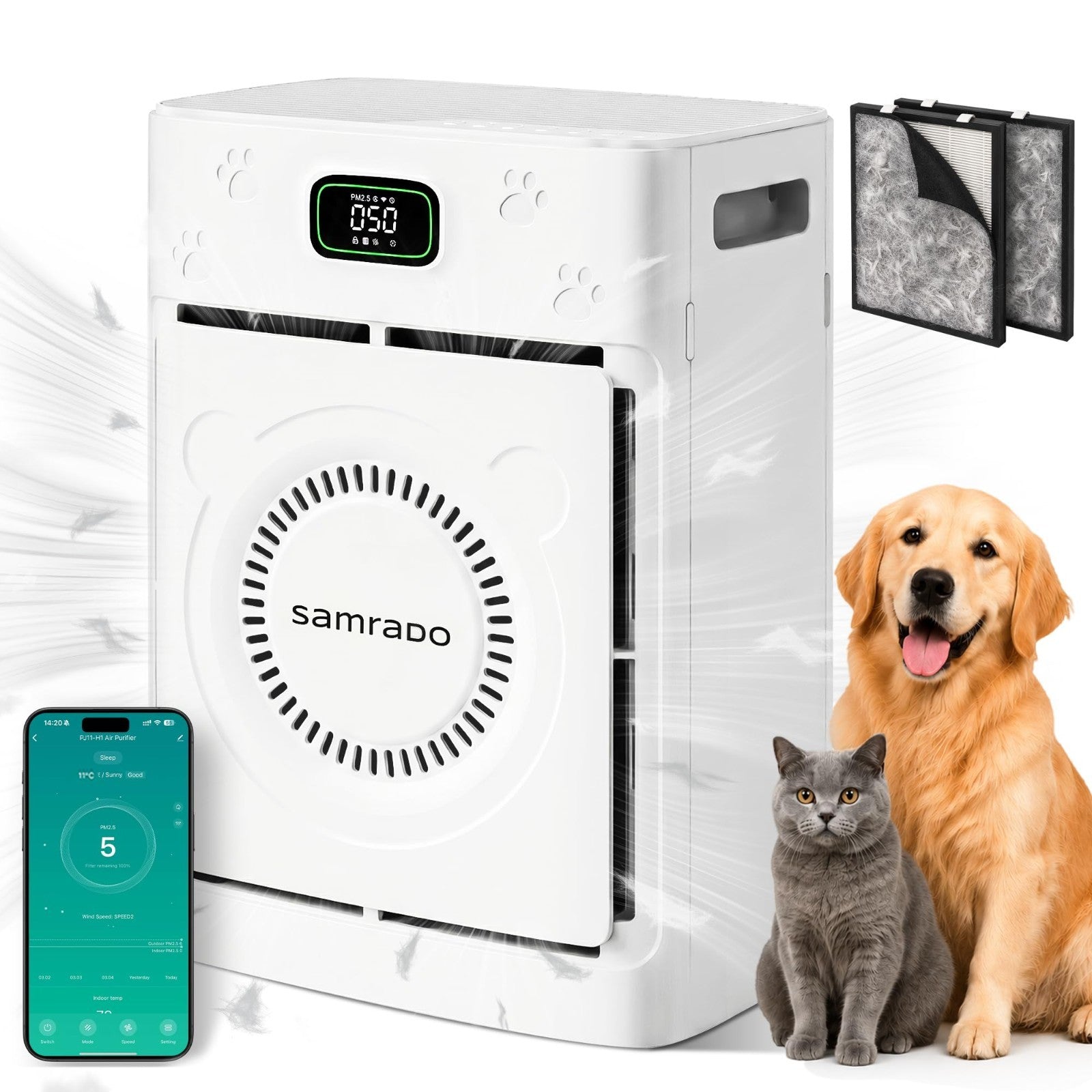 Pet Air Purifier for Home, H13 HEPA Filter, 2500 Sq Ft, Smart App Control, Washa1