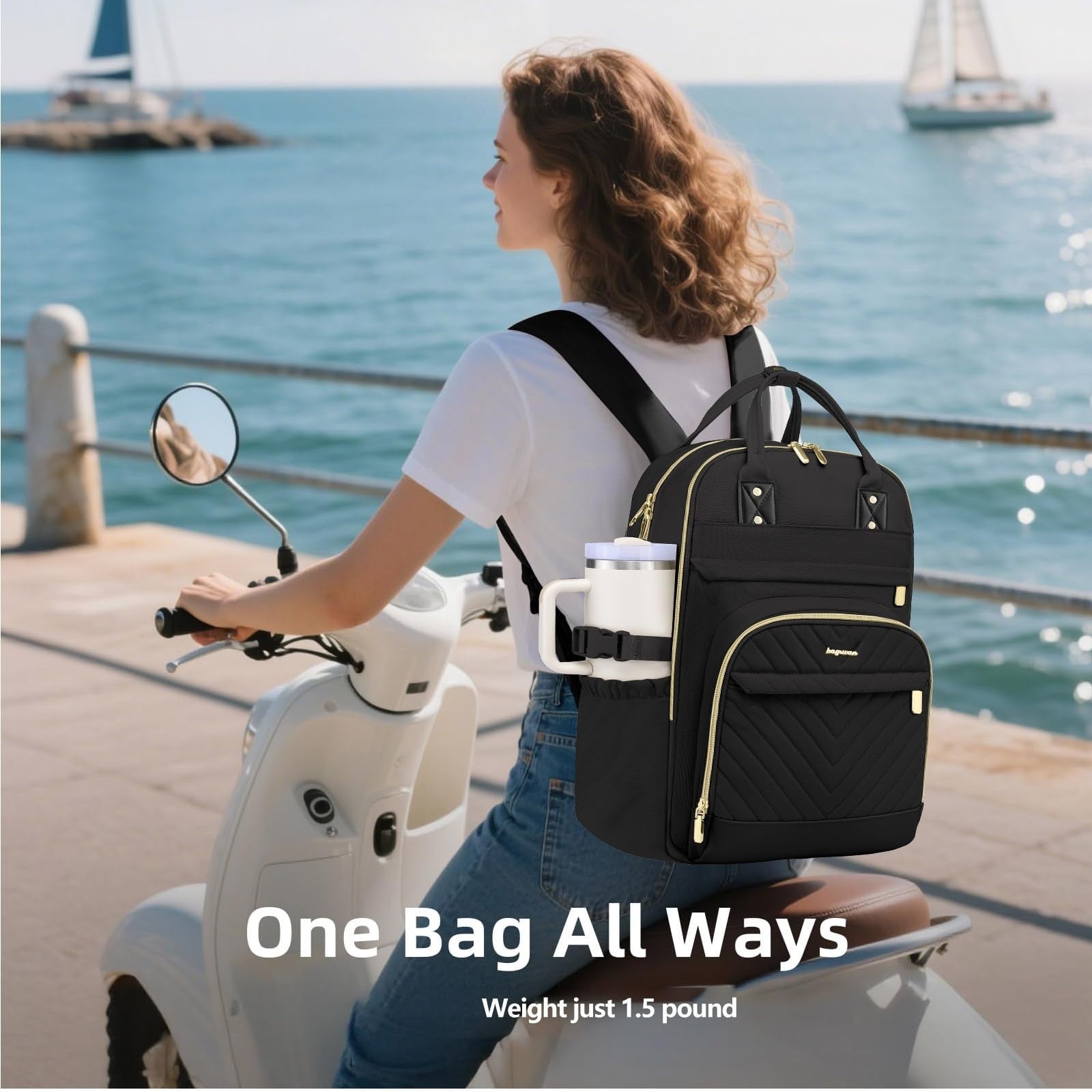Stylish Laptop Backpack for Women   15.6" College Bookbag with Large Tumbler Poc2
