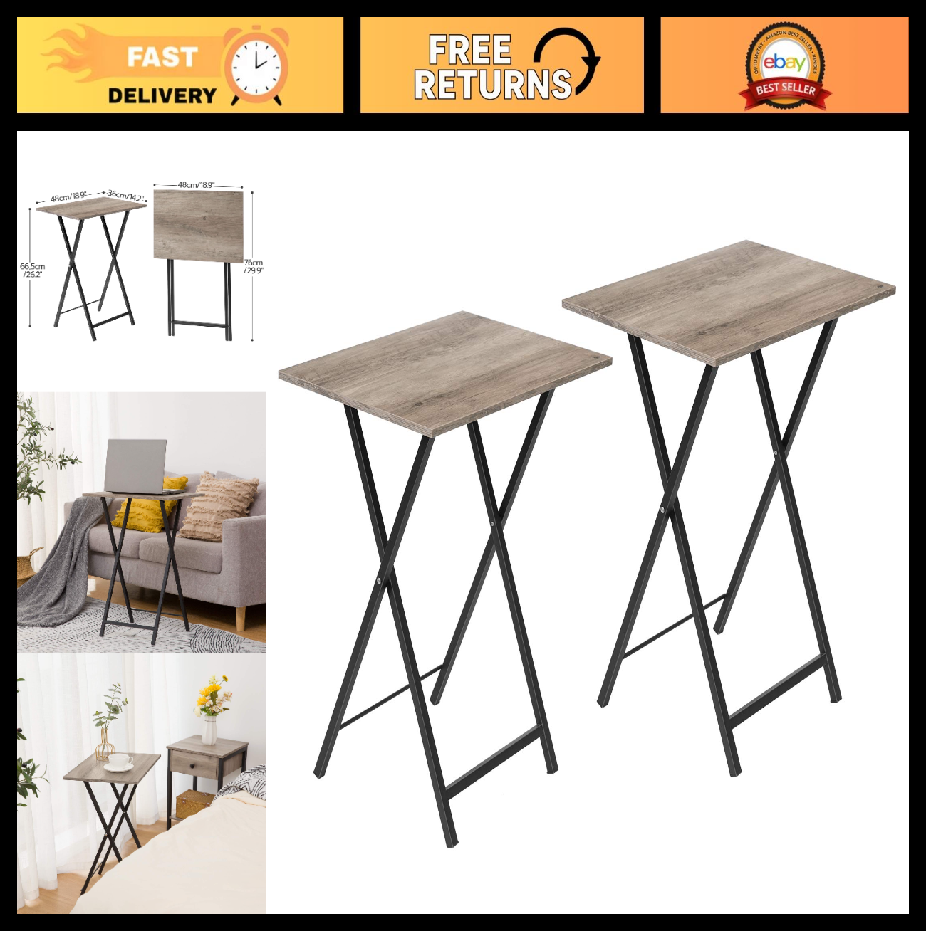 Folding TV Tray Tables Set of 2 - Industrial Snack Tables for Small Spaces, Easy0