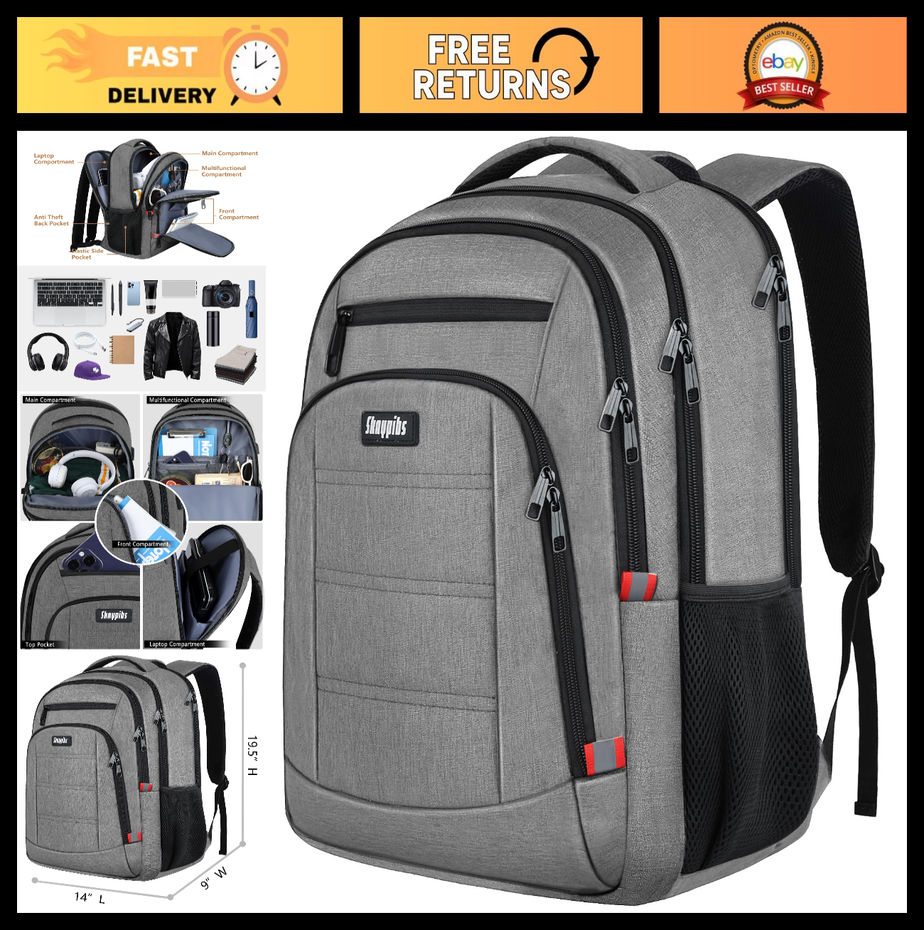 Water Resistant Laptop Backpack for Men & Women, 17.3" College Bookbag, Sturdy T0