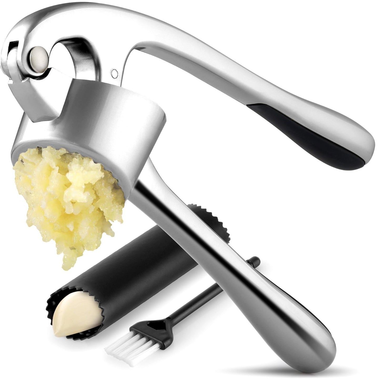 Large Garlic Press Set   Premium Rust Proof Mincer Tool with Easy Squeeze Peeler1