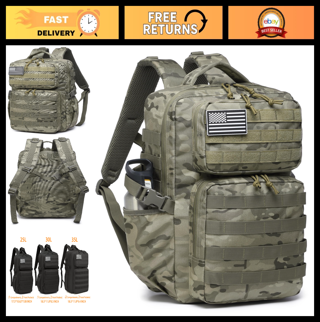 Waterproof Military Tactical Backpack   3 Day Assault Pack, Molle Daypack with W0