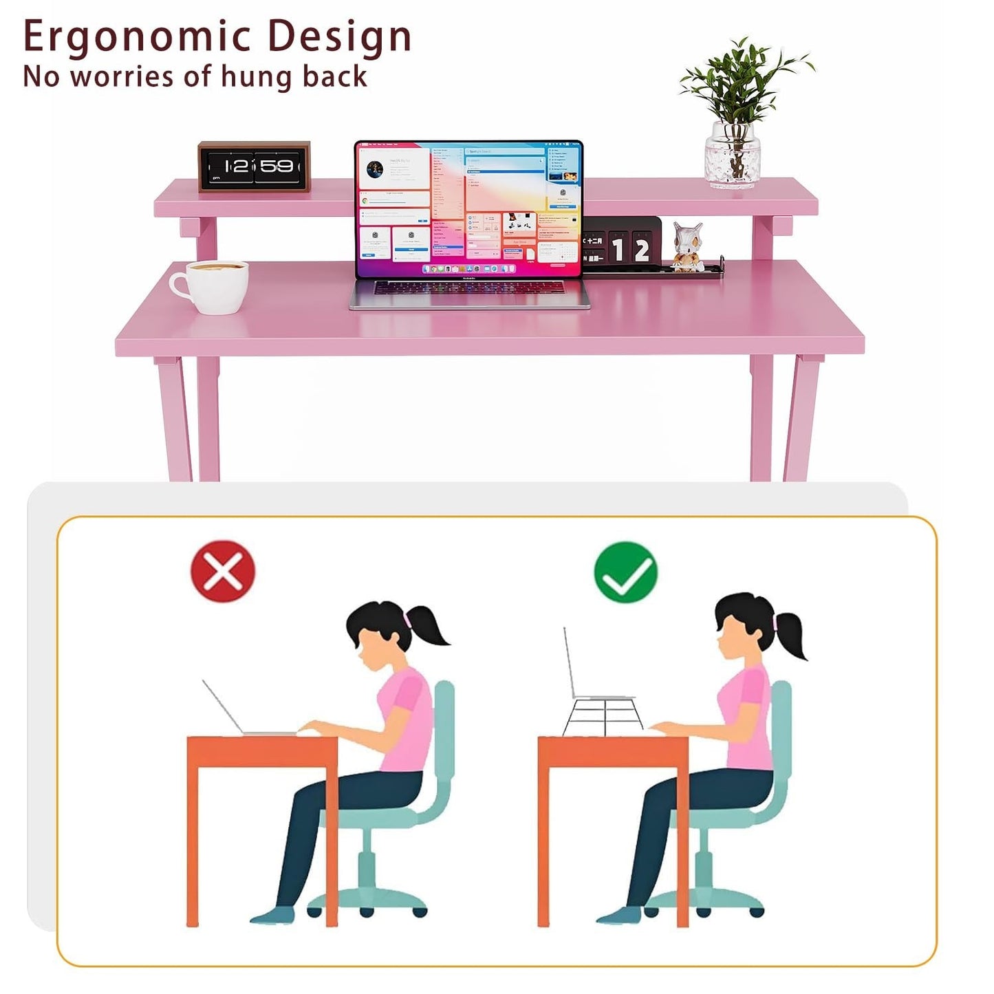 Compact 27.5" Computer Desk with Adjustable Monitor Stand & Storage - Pink Study4