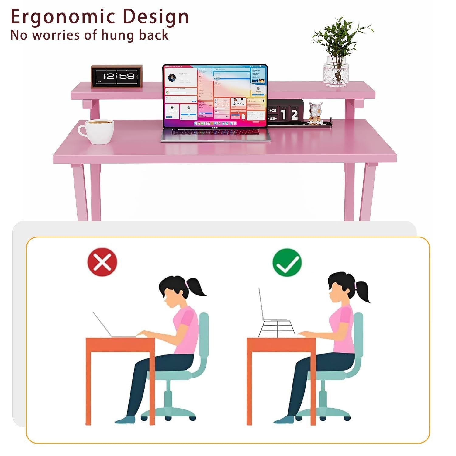 Compact 27.5" Computer Desk with Adjustable Monitor Stand & Storage - Pink Study4