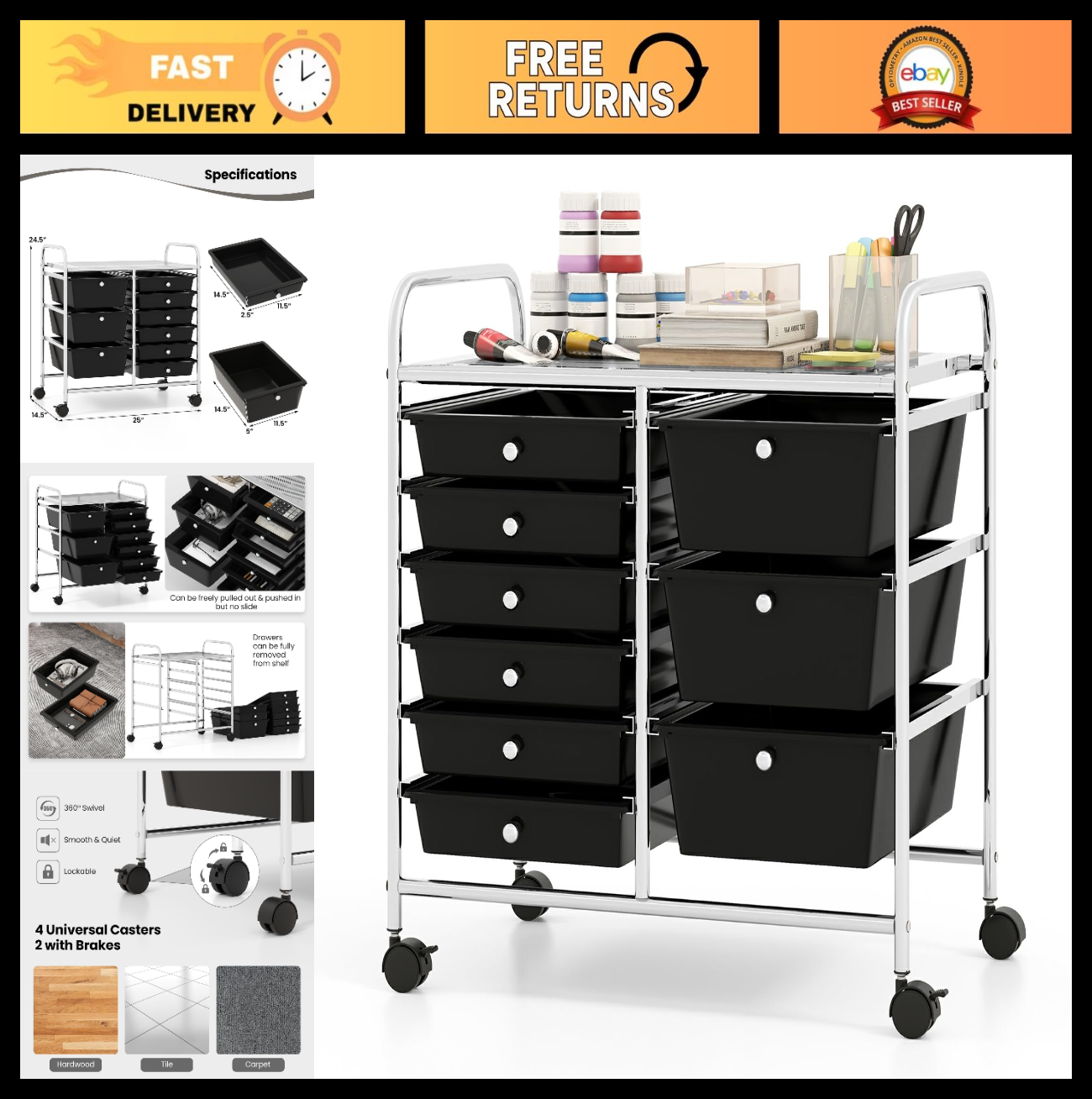 9 Drawer Rolling Storage Cart with Wheels   Under Desk Organizer for Craft, Art,0