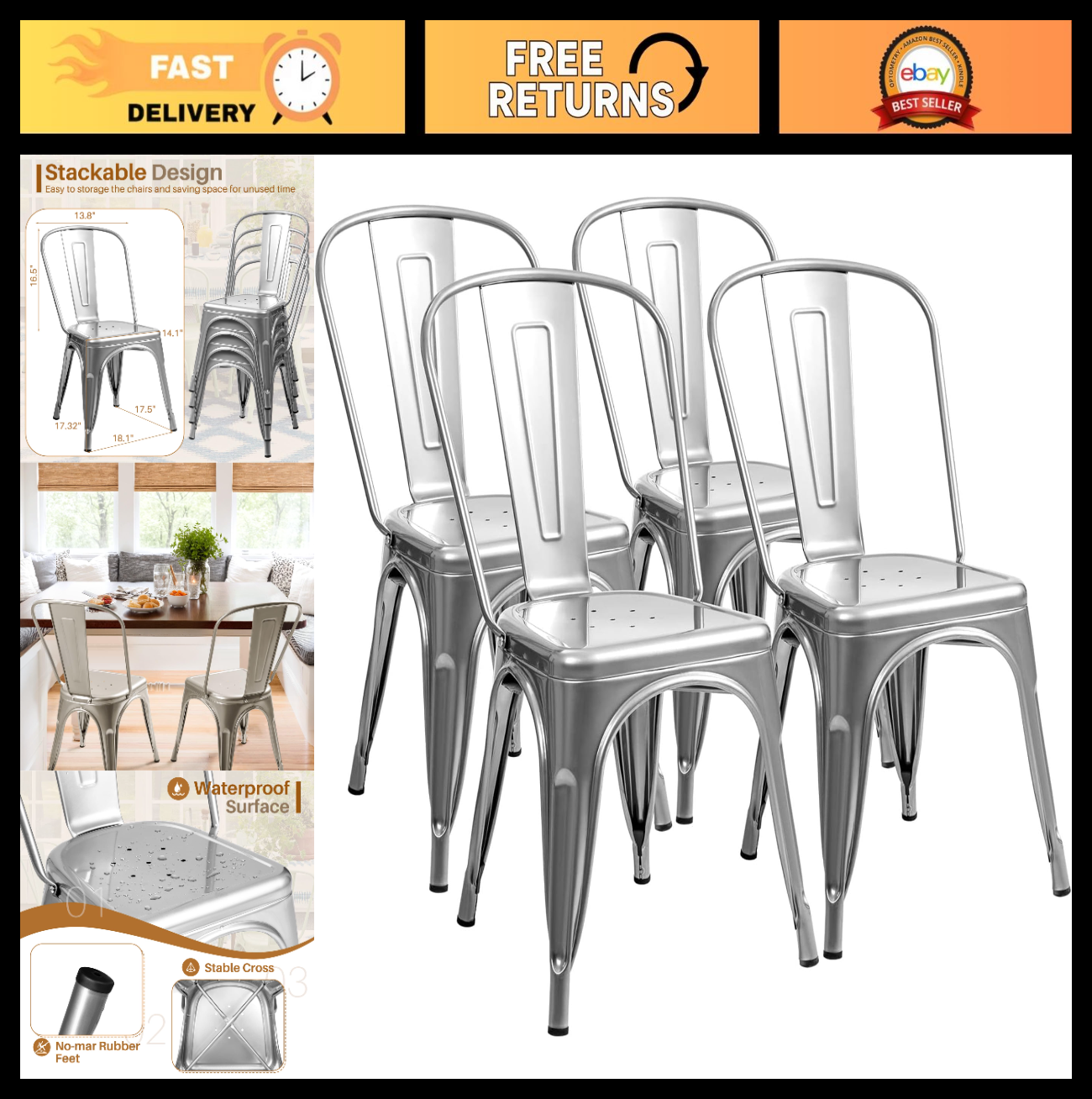 Stackable Metal Dining Chairs Set of 4   Indoor Outdoor Bistro Cafe Side Chairs0