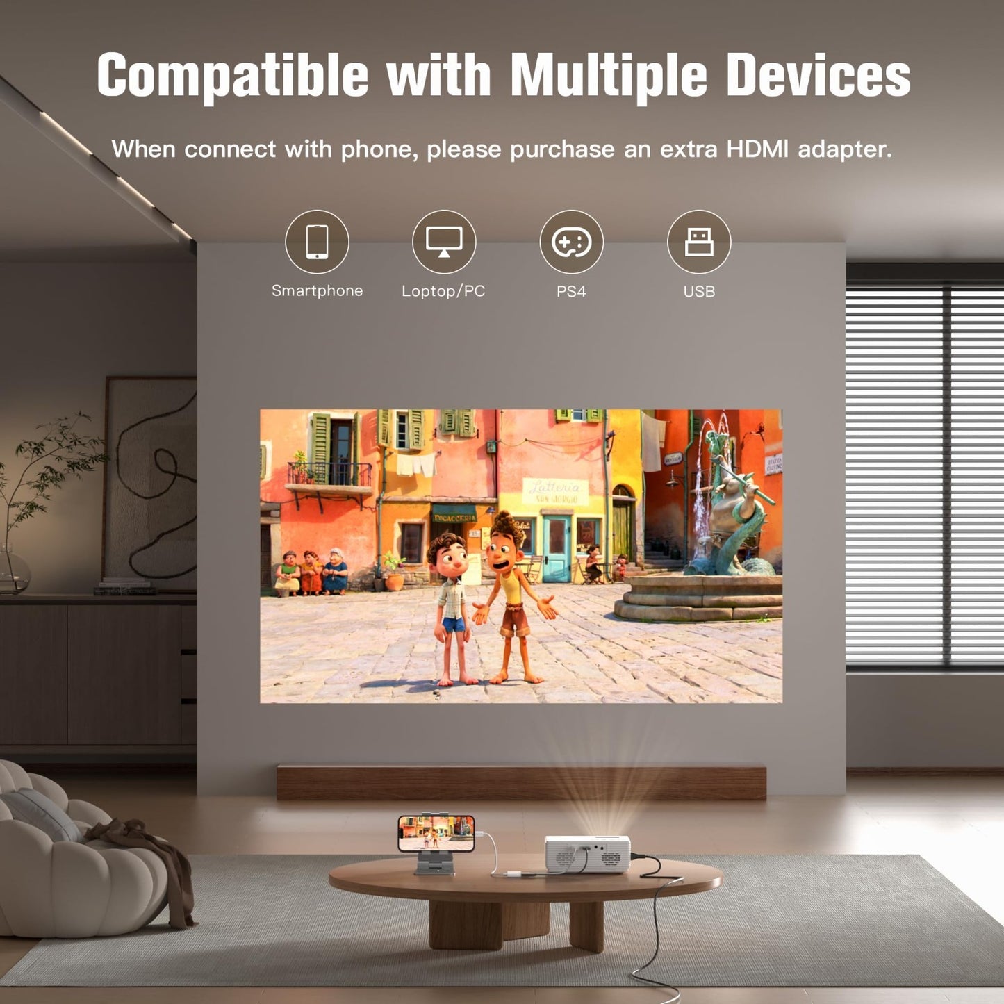 Mini Projector Full HD 1080P, Upgraded Home Theater Projector, HDMI/USB Compatib4