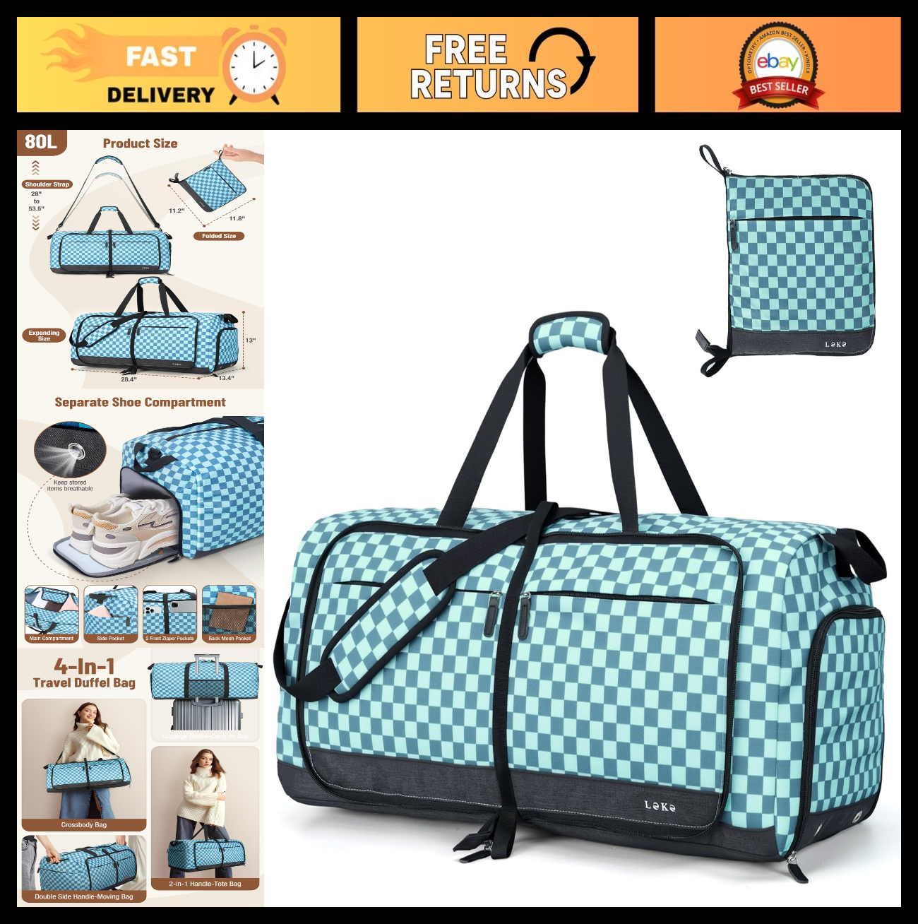Large Foldable Travel Duffle Bag for Women - 80L, Separate Shoe Compartment, Wee0