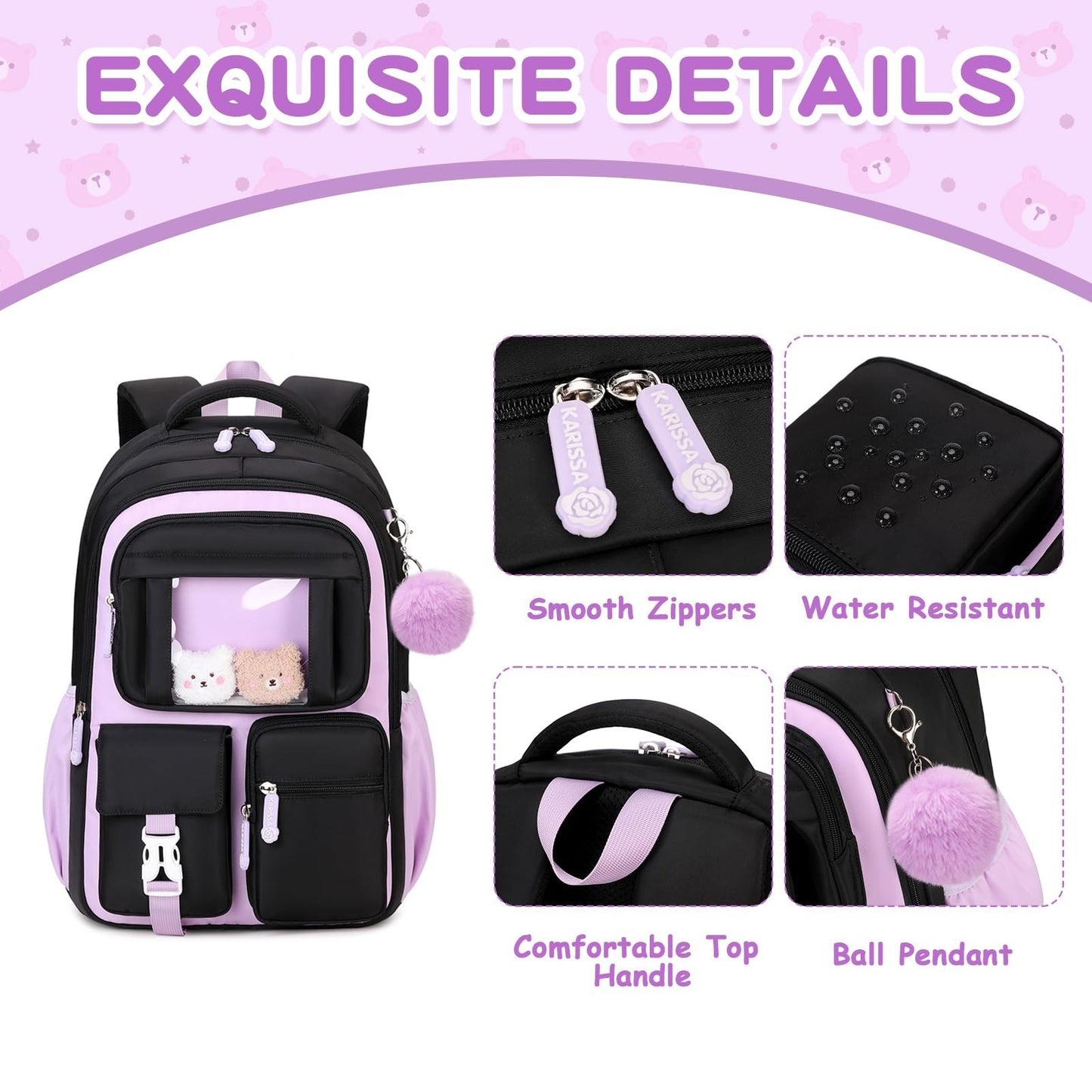 Kawaii Girls School Backpack - Cute Black & Purple Book Bag for Middle & Element5
