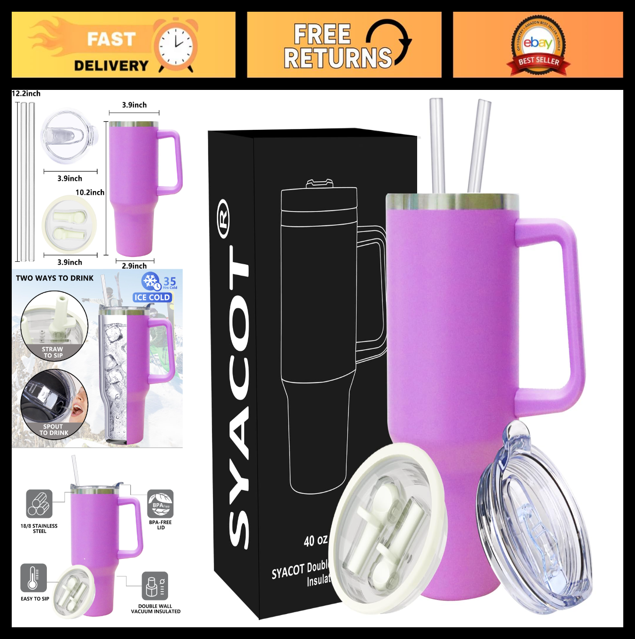 Insulated 40 oz Tumbler with Handle & Straw   Leak Proof Travel Mug   Hot & Cold0