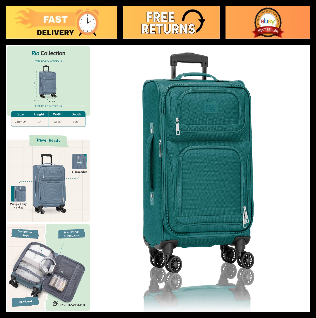 Lightweight Softside Rolling Carry-on Suitcase, 4-Wheel Travel Luggage, Teal0