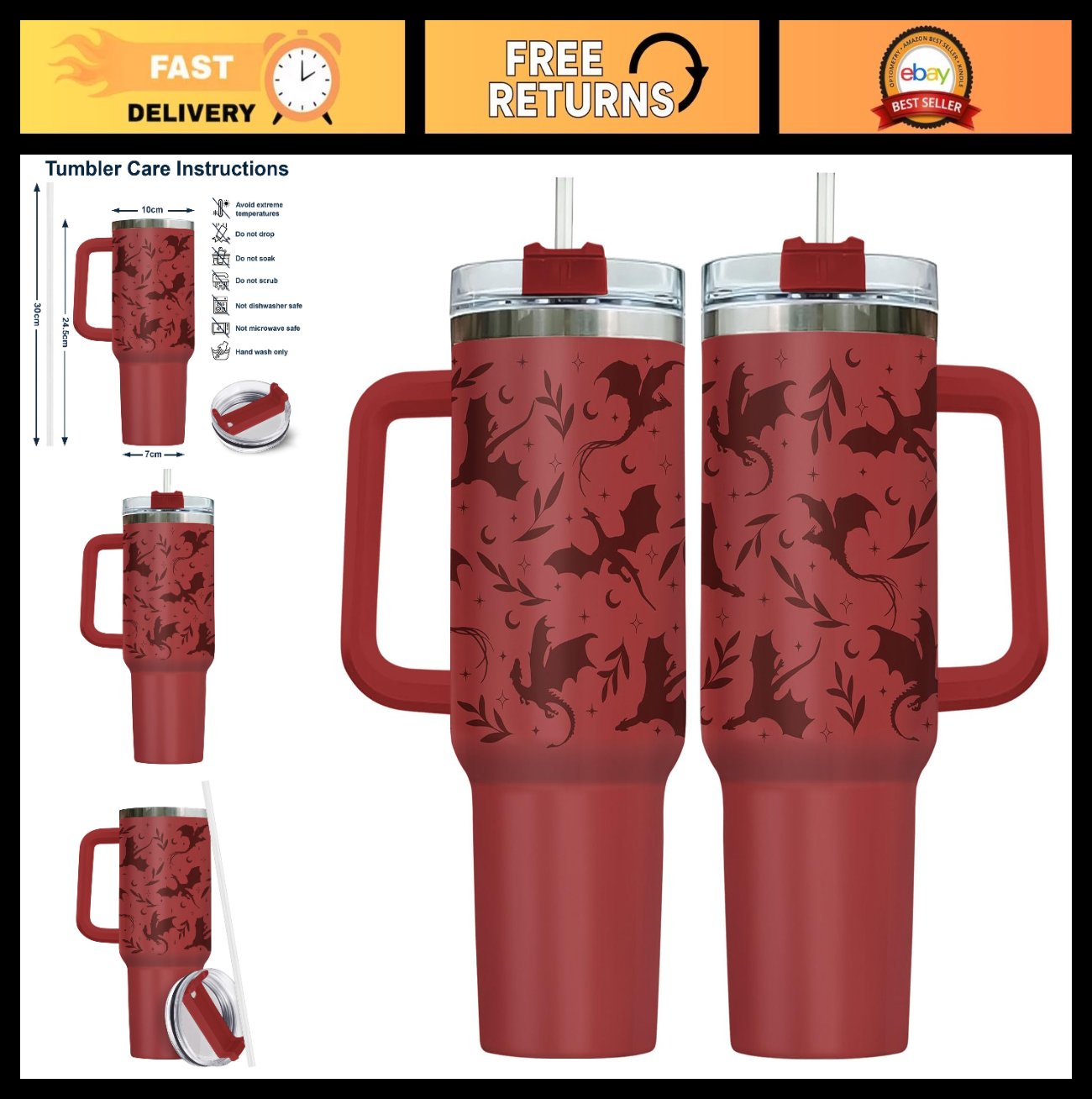 40oz Fantasy Dragon Tumbler with Handle & Straw   Insulated Travel Mug for Coffe0